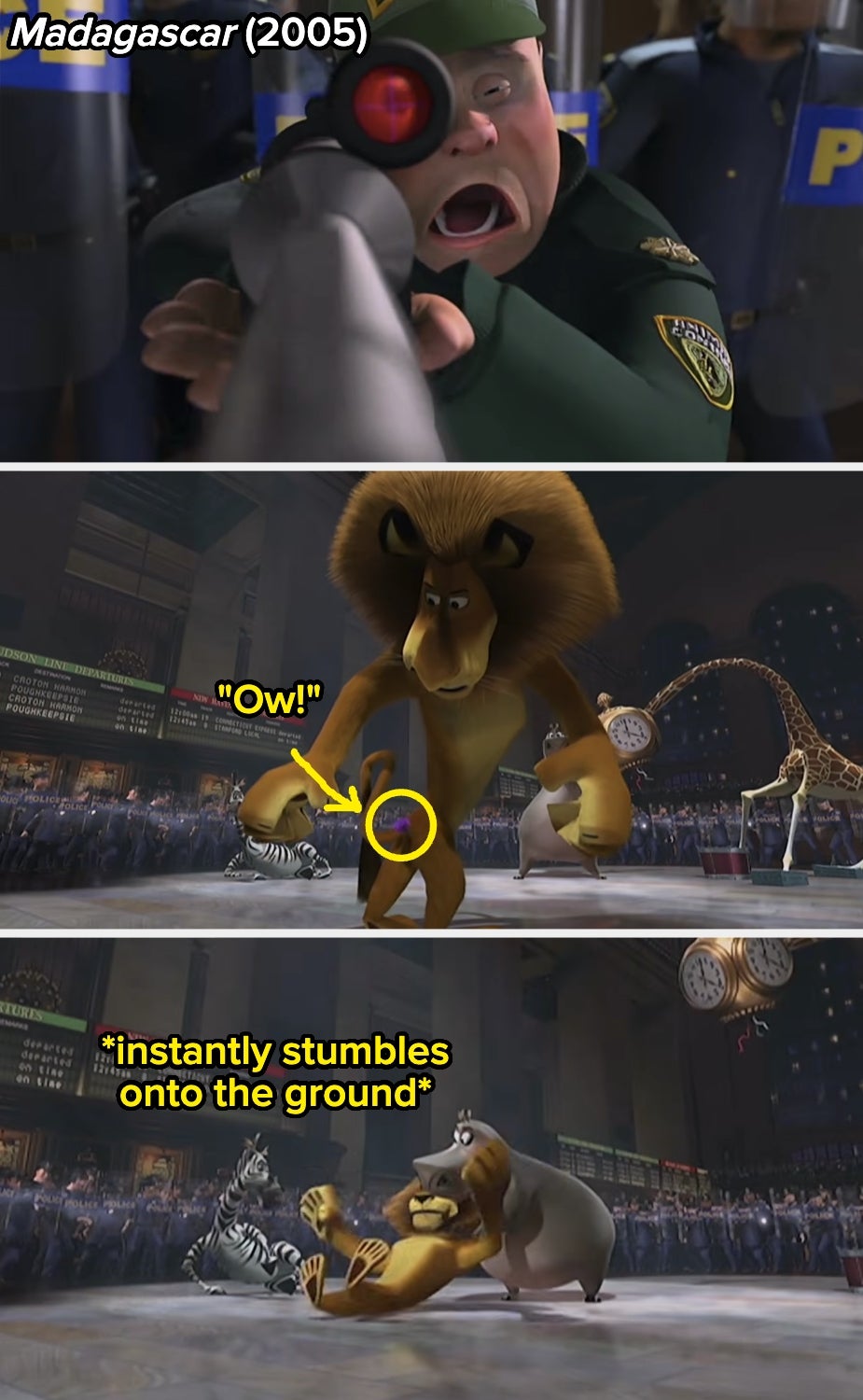 Animated lion from Madagascar (2005) gets shot in the butt with a tranquilizer, stumbling onto the ground