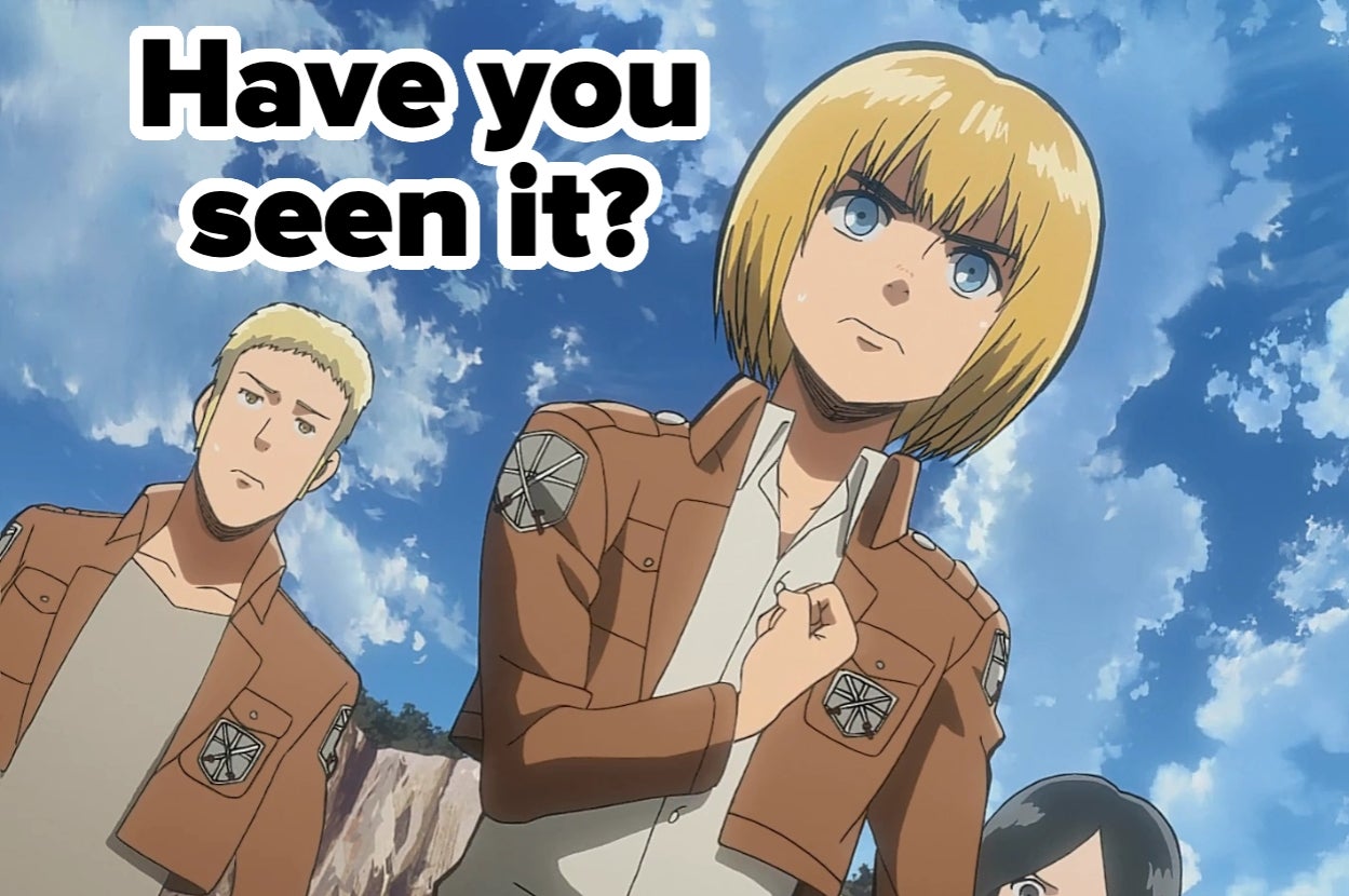 Anime characters in military uniforms look into the distance with text asking, "Have you seen it?"