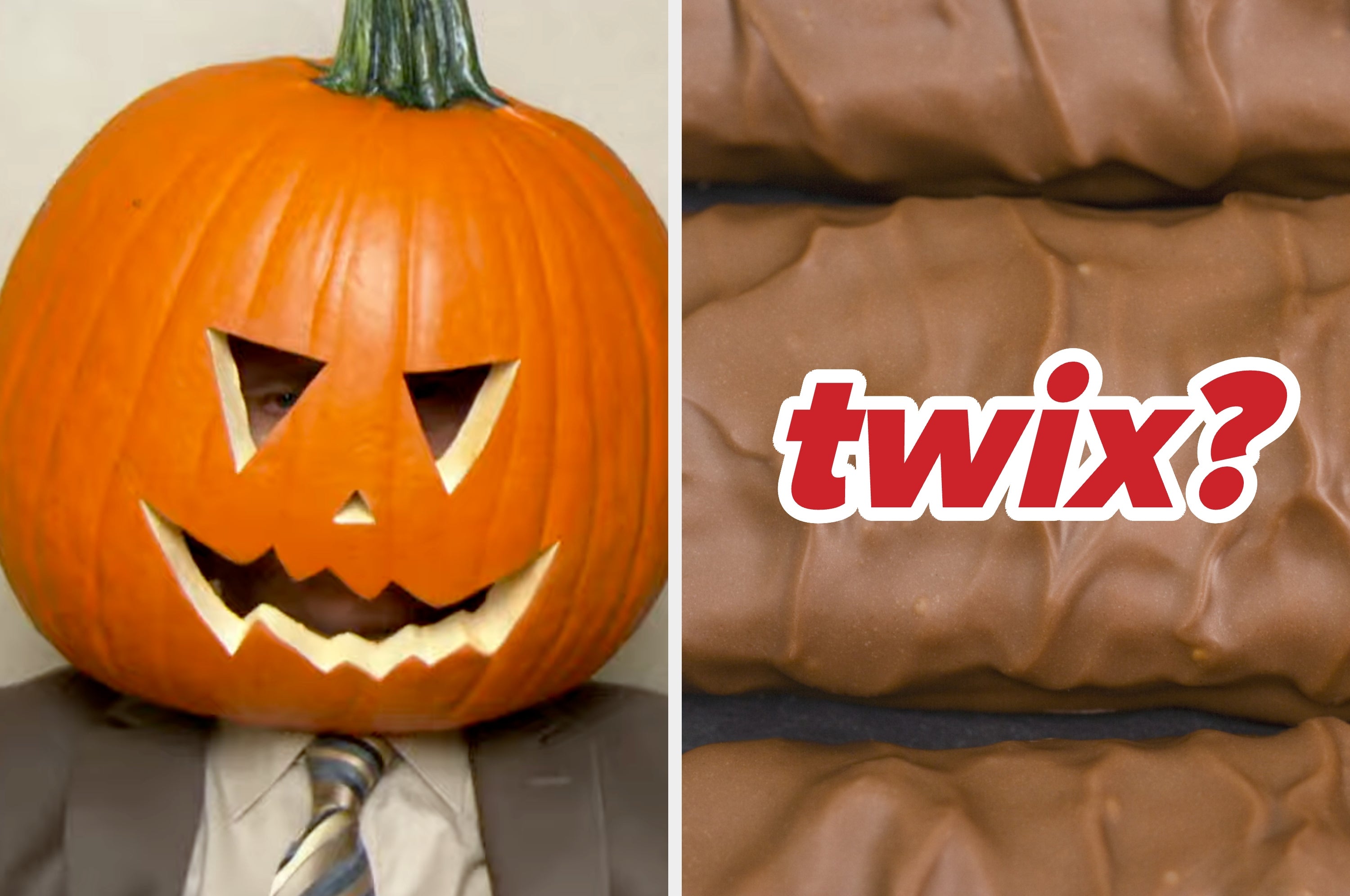 A person in a suit wears a carved pumpkin on their head; alongside, Reese's peanut butter cups are on display