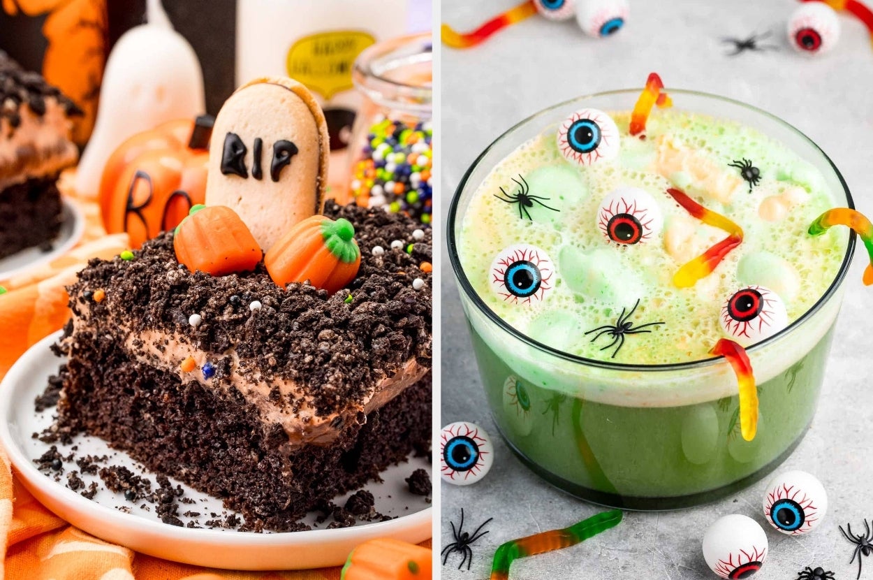 Halloween-themed desserts: a chocolate graveyard cake with candy pumpkins and a green punch bowl decorated with gummy worms and candy eyeballs