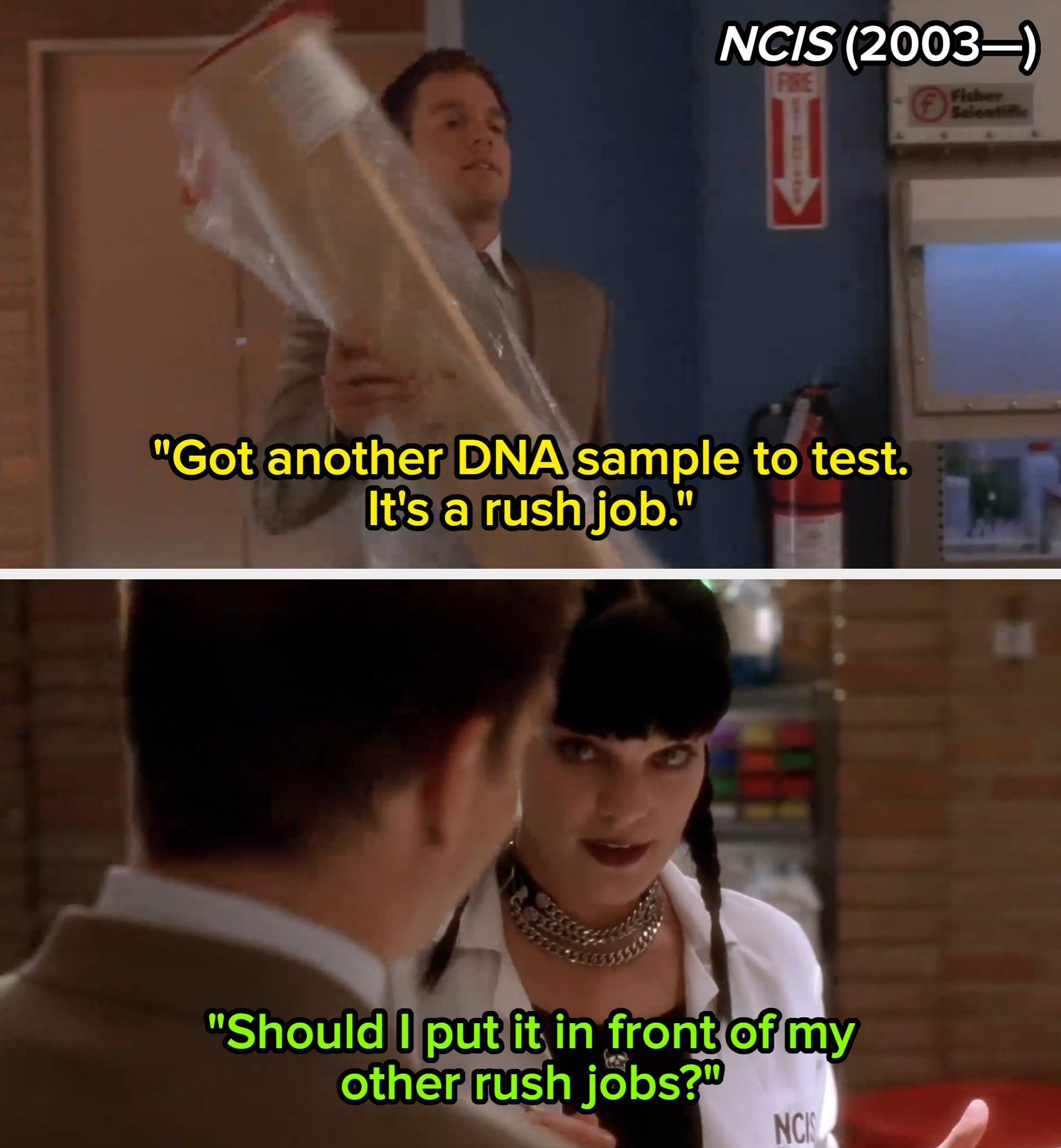 Scene from NCIS where a forensics expert is asked to make a DNA sample a rush job, to which she replies "Should I put it in front of my other rush jobs"