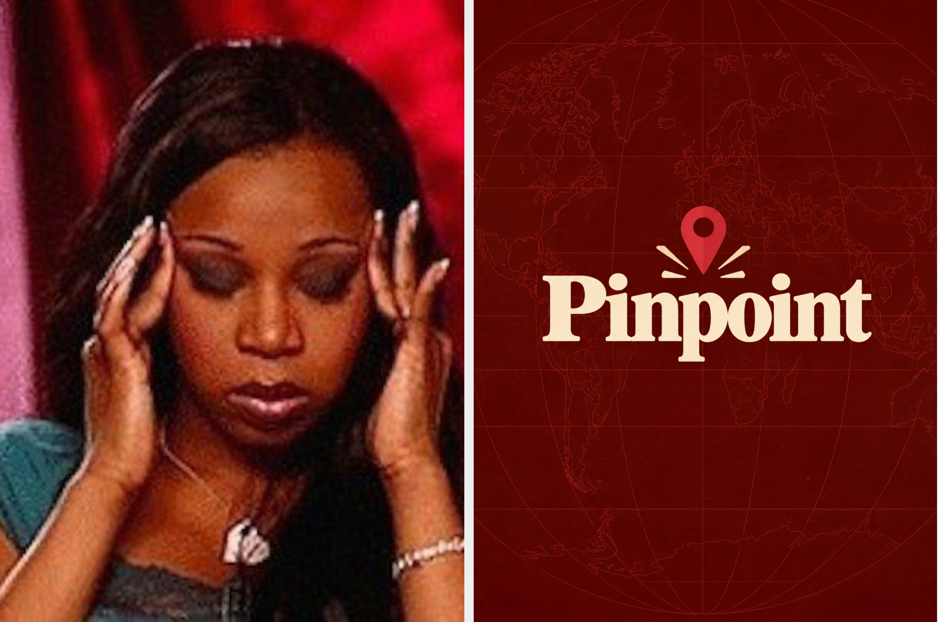 Person with closed eyes holding head; game logo with map and "Pinpoint" text