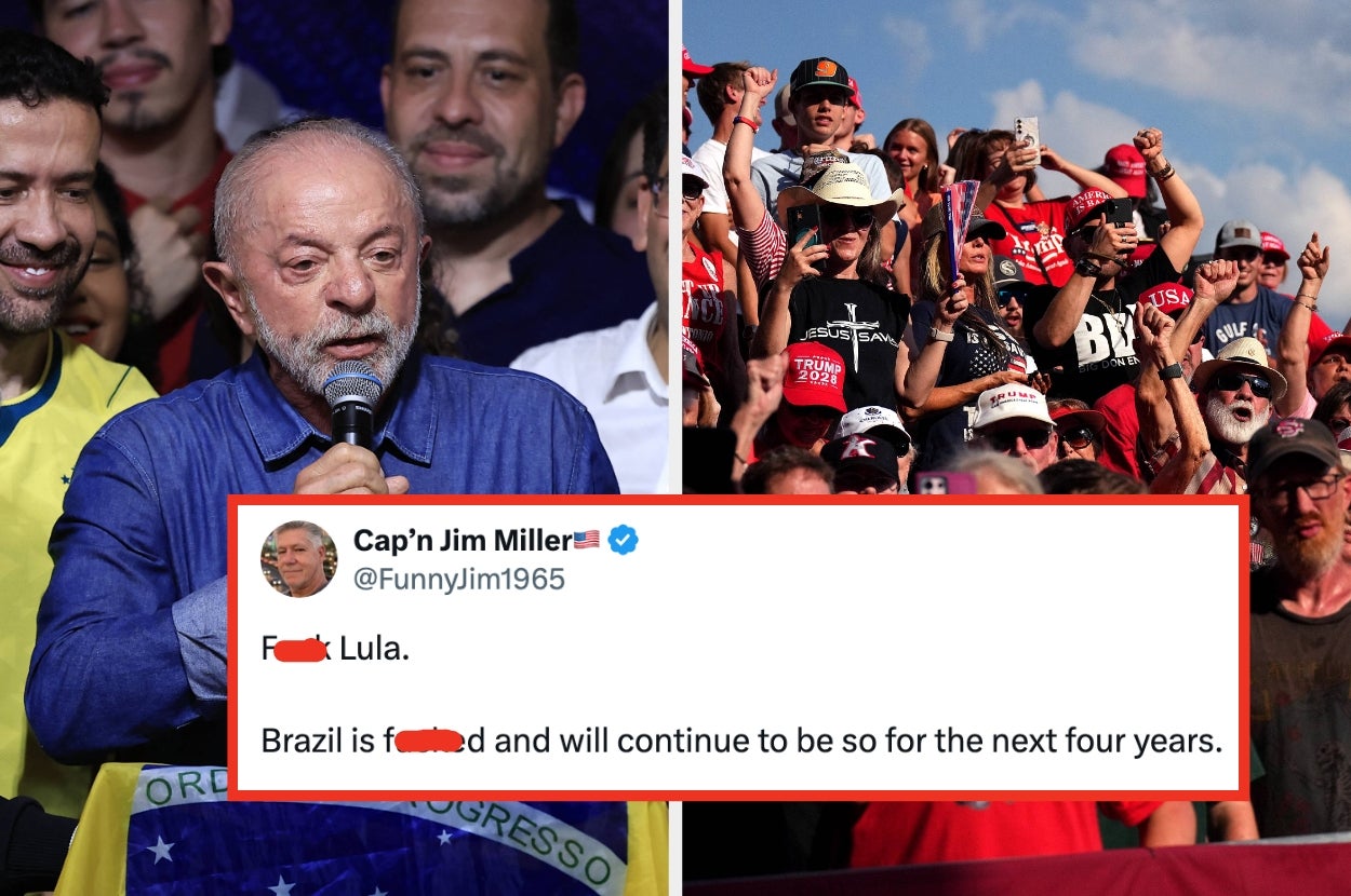 A man speaks at a microphone with people behind him; next to an upset crowd. Overlaid is a tweet criticizing Lula and Brazil's future