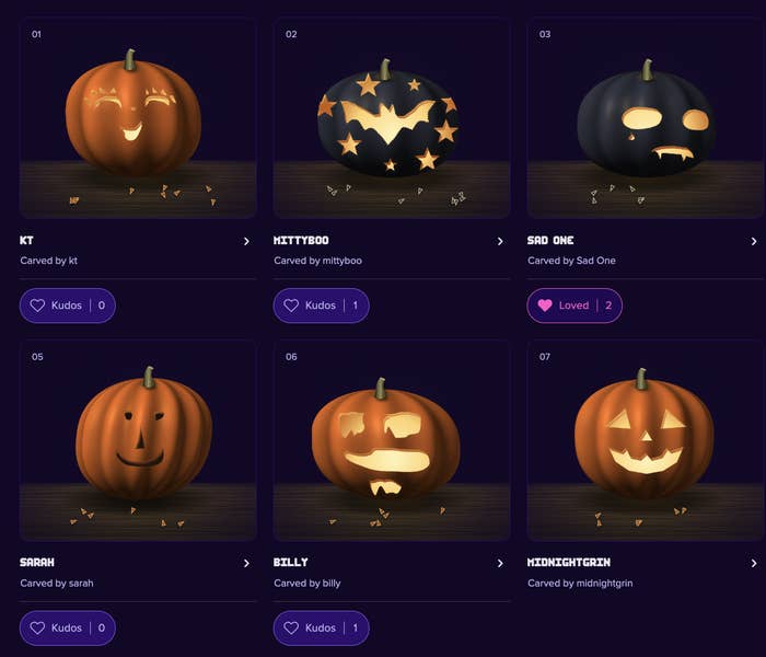 Six carved pumpkins with assorted  expressions and designs, including stars and a look   with fangs, displayed connected  a integer  level    with kudos options