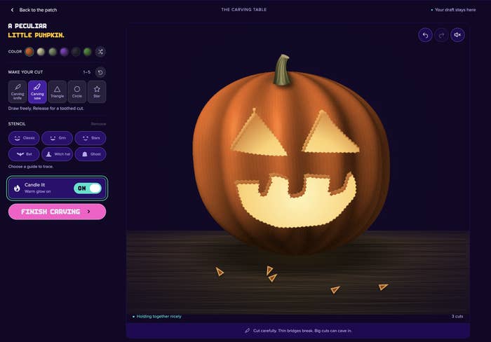 A integer  interface showcasing a pumpkin carving simulation with options for design, light, and colour  connected  a virtual gaming platform