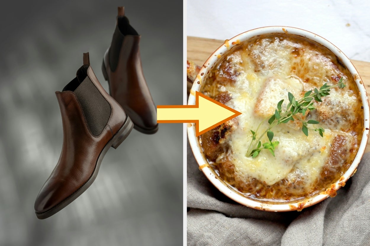 Brown leather Chelsea boots pointing to a dish of French onion soup with melted cheese and herbs on top