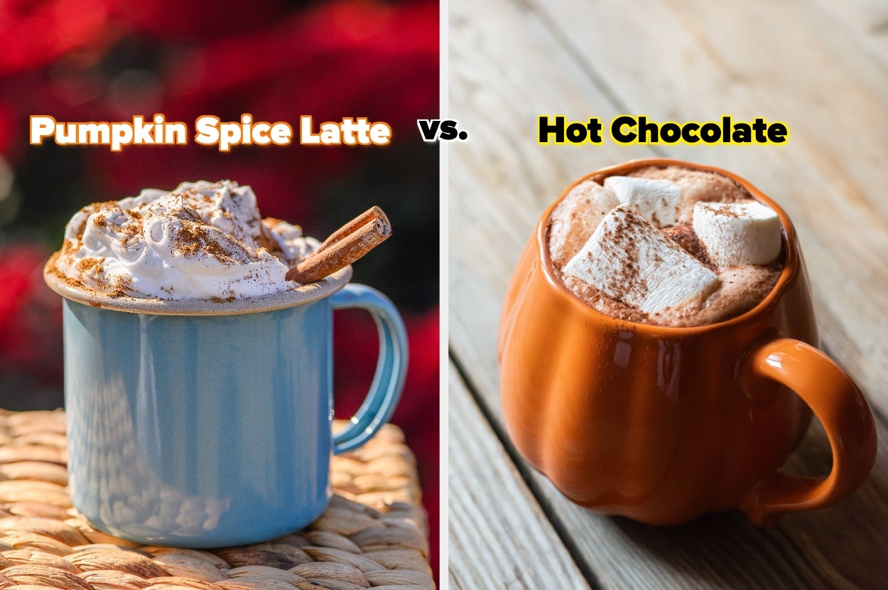 Two mugs: one with a pumpkin spice latte topped with whipped cream and a cinnamon stick, the other with hot chocolate topped with marshmallows