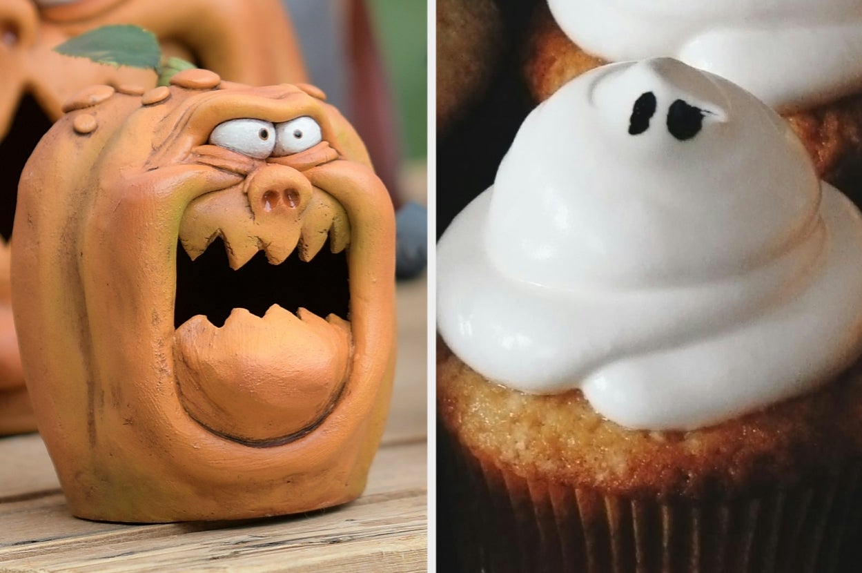 A grinning, open-mouthed pumpkin decoration next to a cupcake with ghost-shaped frosting