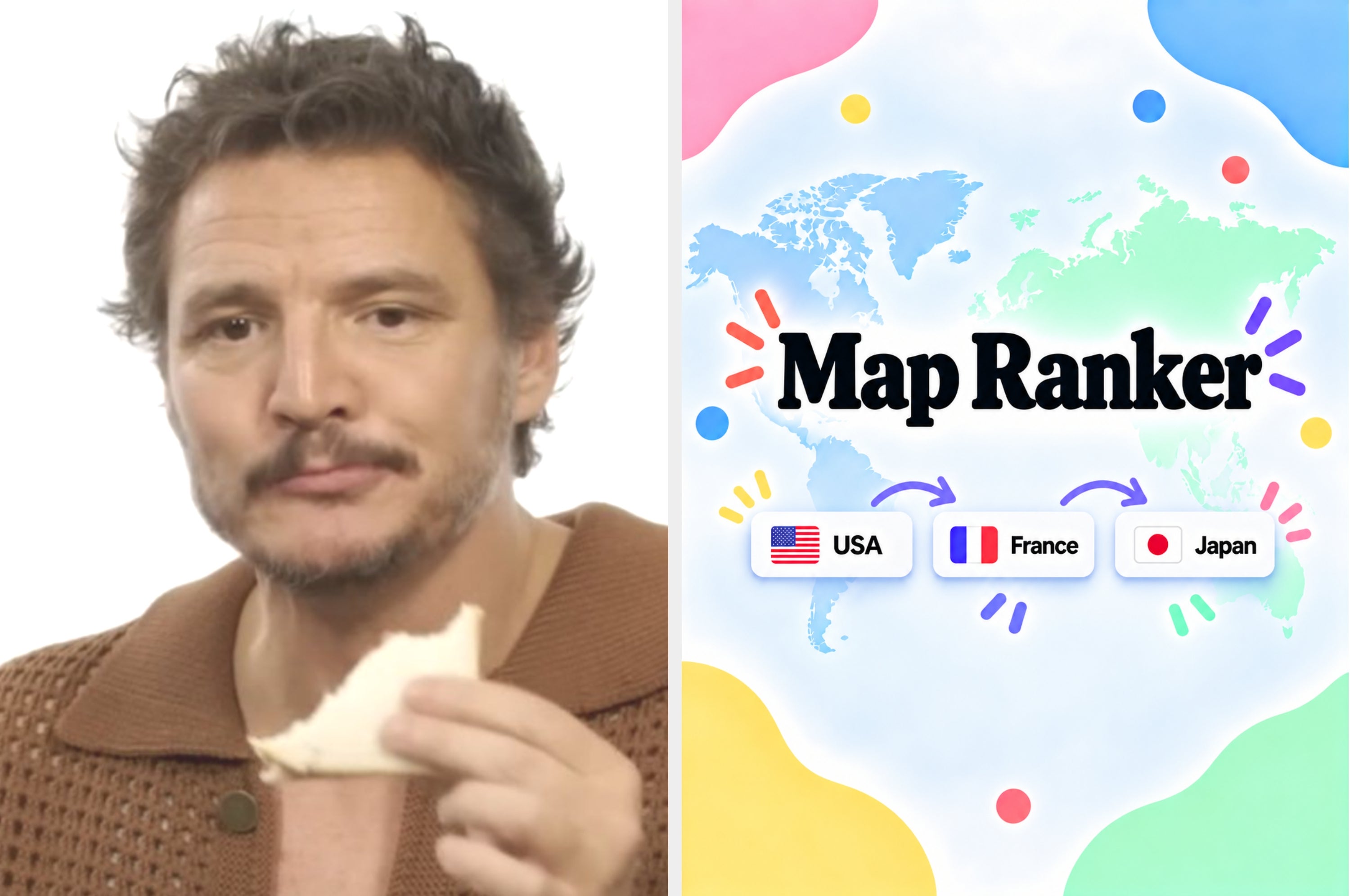 A person eats while a split image shows a Map Ranker game with country selections: USA, France, Japan