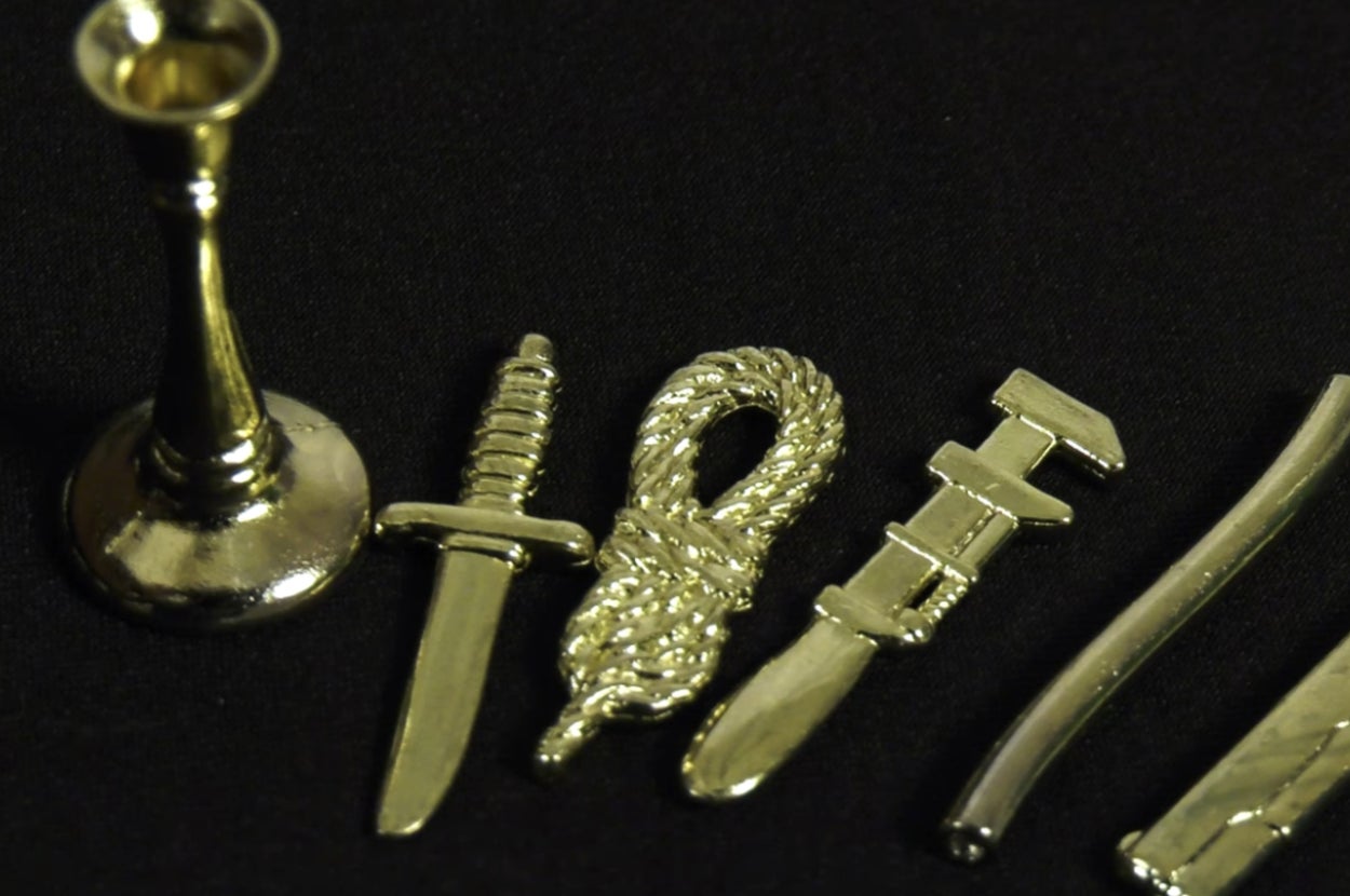 Board game pieces on the left; golden candlestick, dagger, and rope on the right, referencing classic detective game items