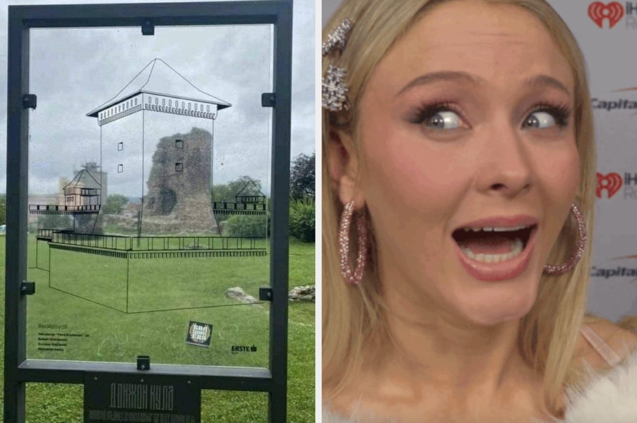 Left: Transparent illustration of a castle overlaying the ruins. Right: Person surprised, wearing a fuzzy top and large hoop earrings at an event