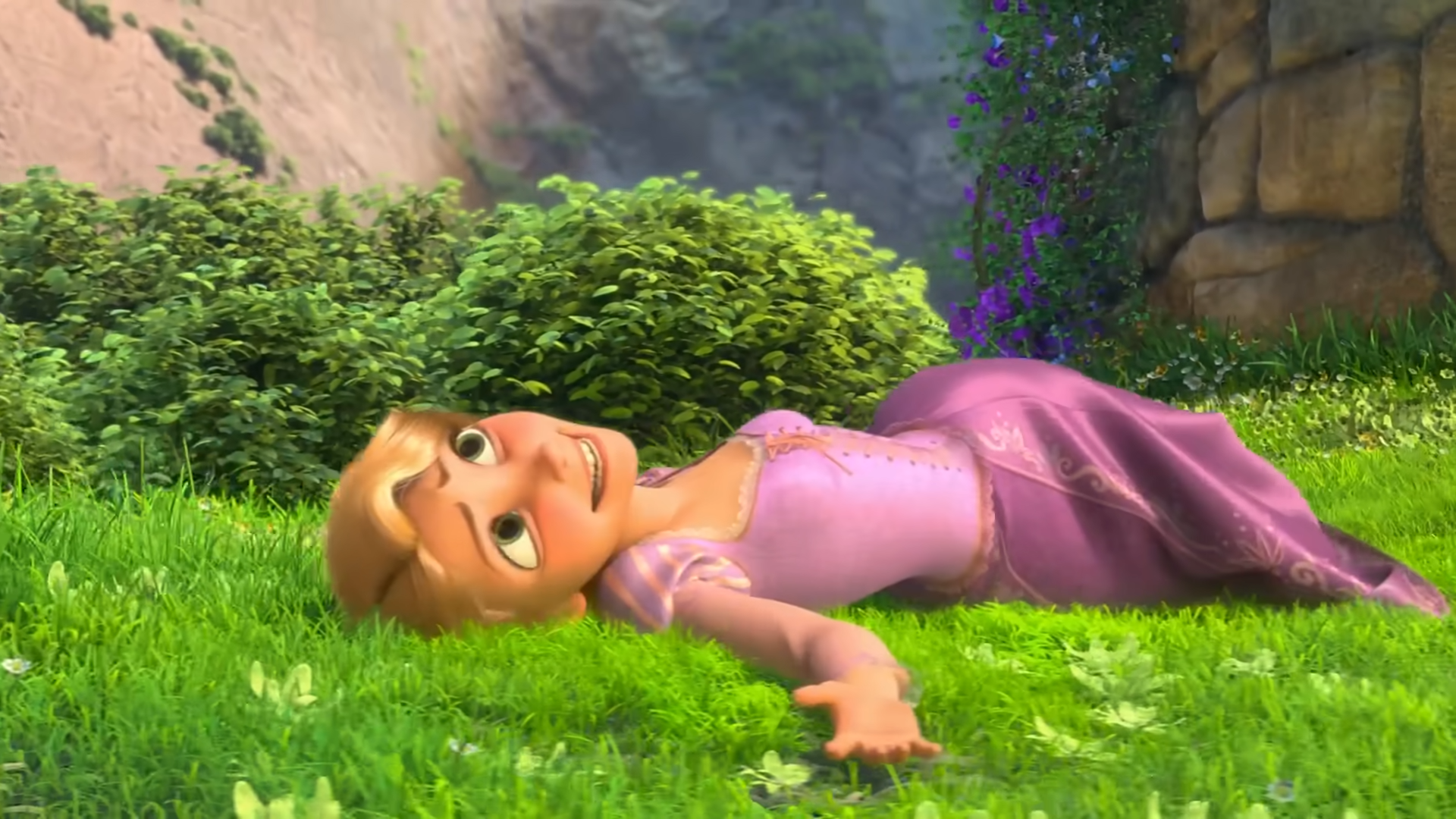 Animated character with long hair relaxes on grass, wearing a medieval-style dress, looking up contentedly