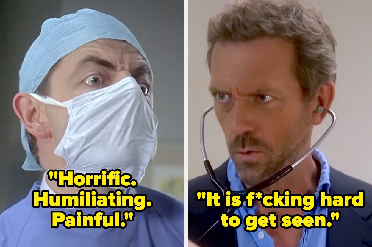 Two split images of actors in medical dramas with quotes about challenges in medical care
