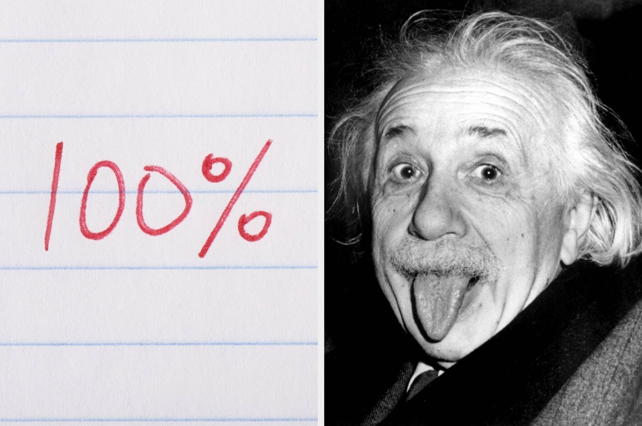 Split image of 100% on lined paper and a black-and-white photo of Albert Einstein sticking his tongue out