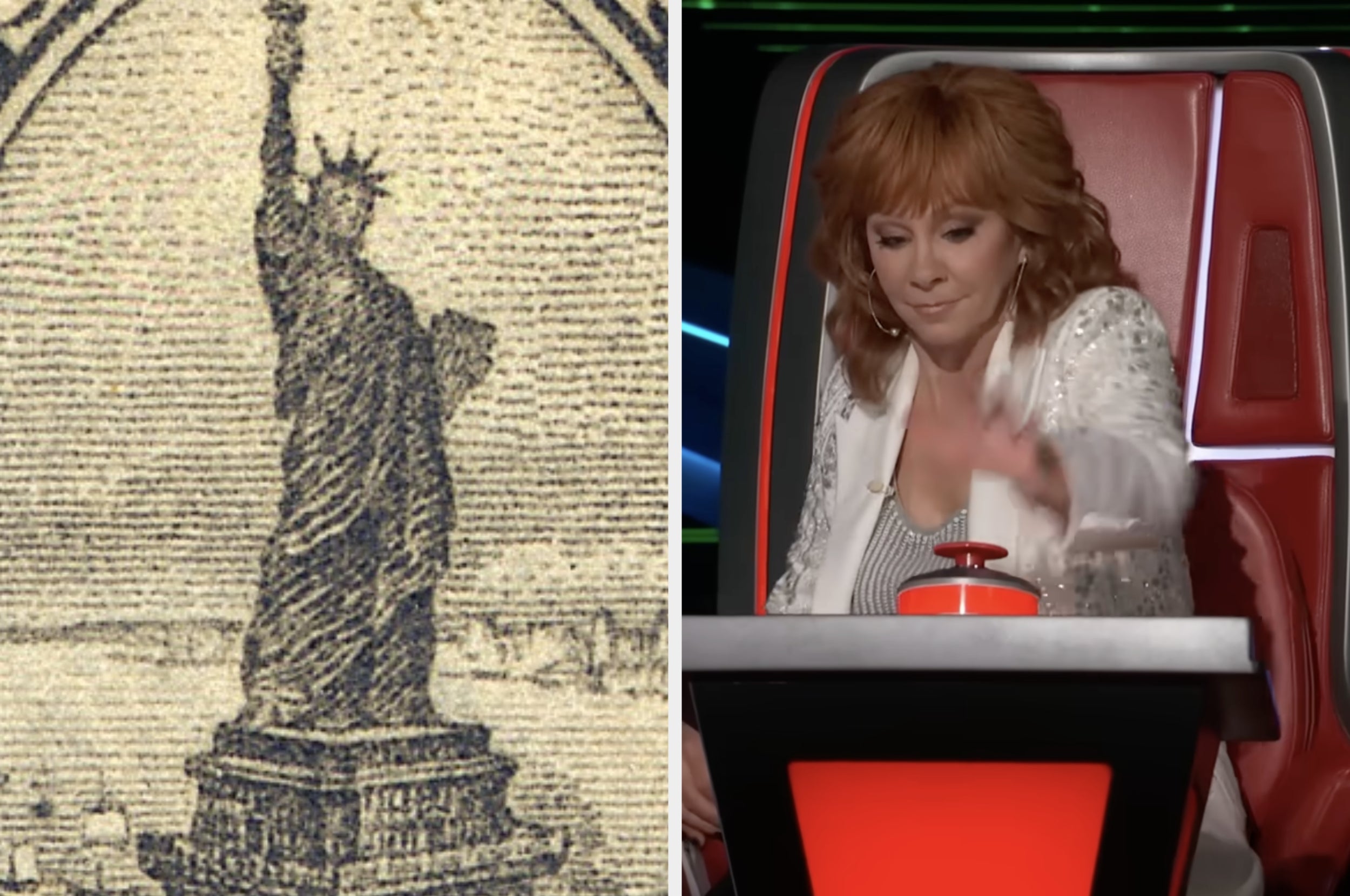 Left: Statue of Liberty illustration. Right: Person in a patterned blazer presses a button on a talent show