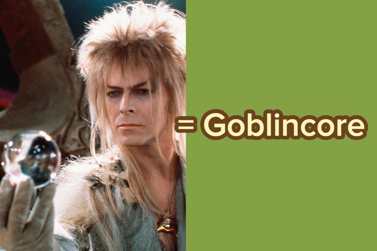 David Bowie in "Labyrinth," holding a crystal ball with a spiky hairstyle, wearing a flowing, medieval-inspired outfit. Text reads: "= Goblincore"