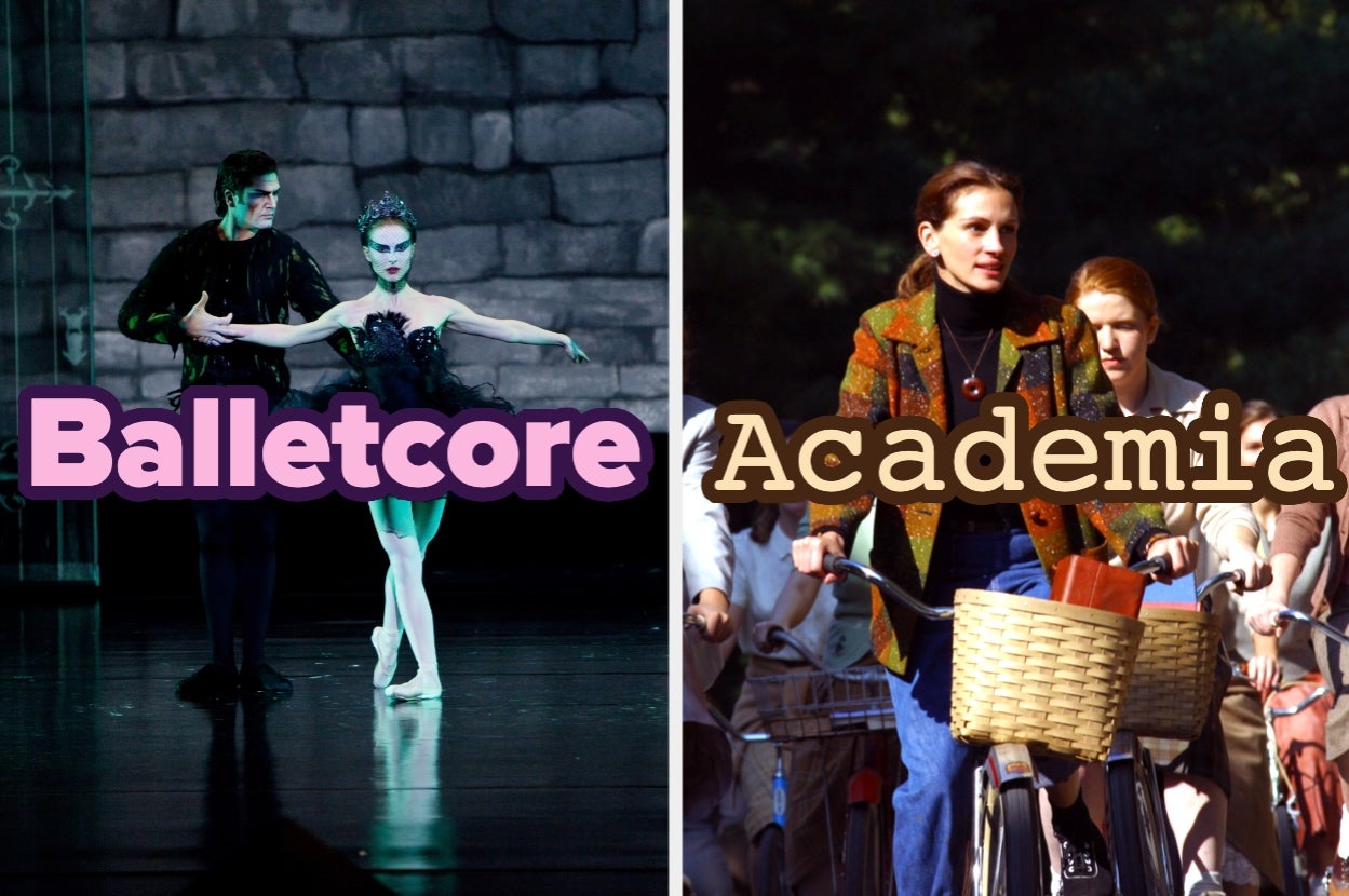 Split image: left side shows Natalie Portman as a ballet dancer in "Black Swan" labeled "Balletcore," right side shows a scene with people riding bikes, Julia Roberts at the front from "Mona Lisa Smile" labeled "Academia."