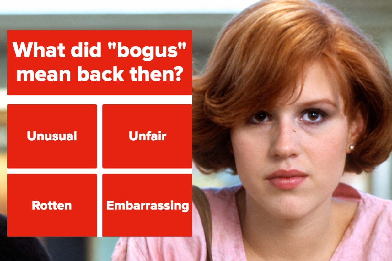 Image of a person next to text: "What did 'bogus' mean back then?" Options: Unusual, Unfair, Rotten, Embarrassing