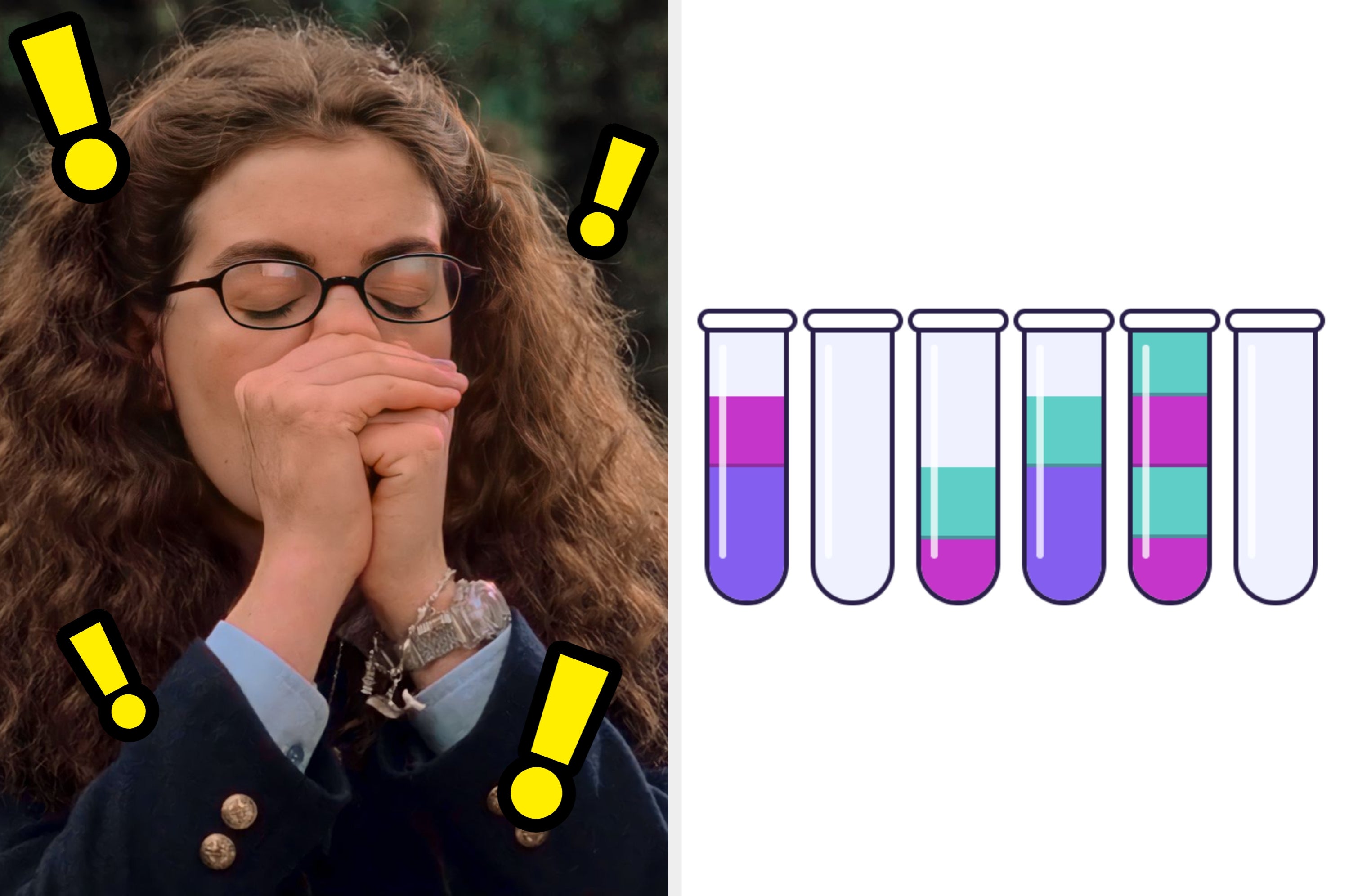 Person with glasses appears excited or surprised next to six illustrated test tubes with colorful liquid levels