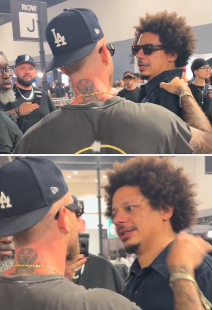 Chet Hanks and Eric Andre arguing at ComplexCon 2026, one wearing a cap and sunglasses, the other with curly hair and glasses. Onlookers are visible in the background