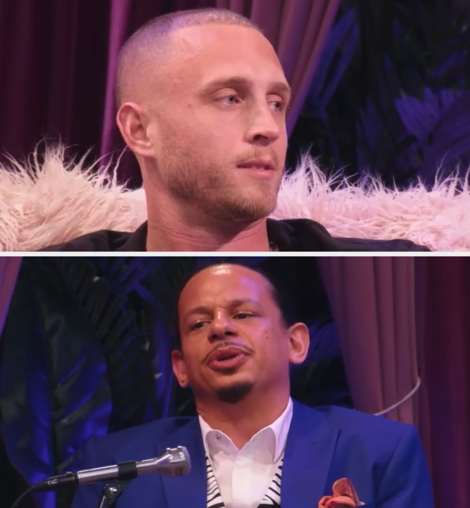 Chet Hanks and Eric Andre on The Eric Andre Show, the former wearing a casual black jacket, the other in a blue suit with a white patterned shirt, appear to be in conversation