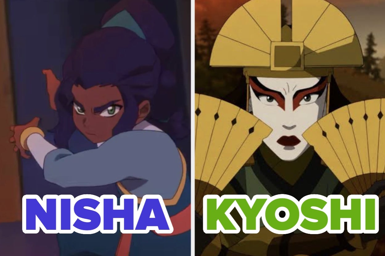 Two animated characters, Nisha and Kyoshi, both in action poses, with their names in bold letters below