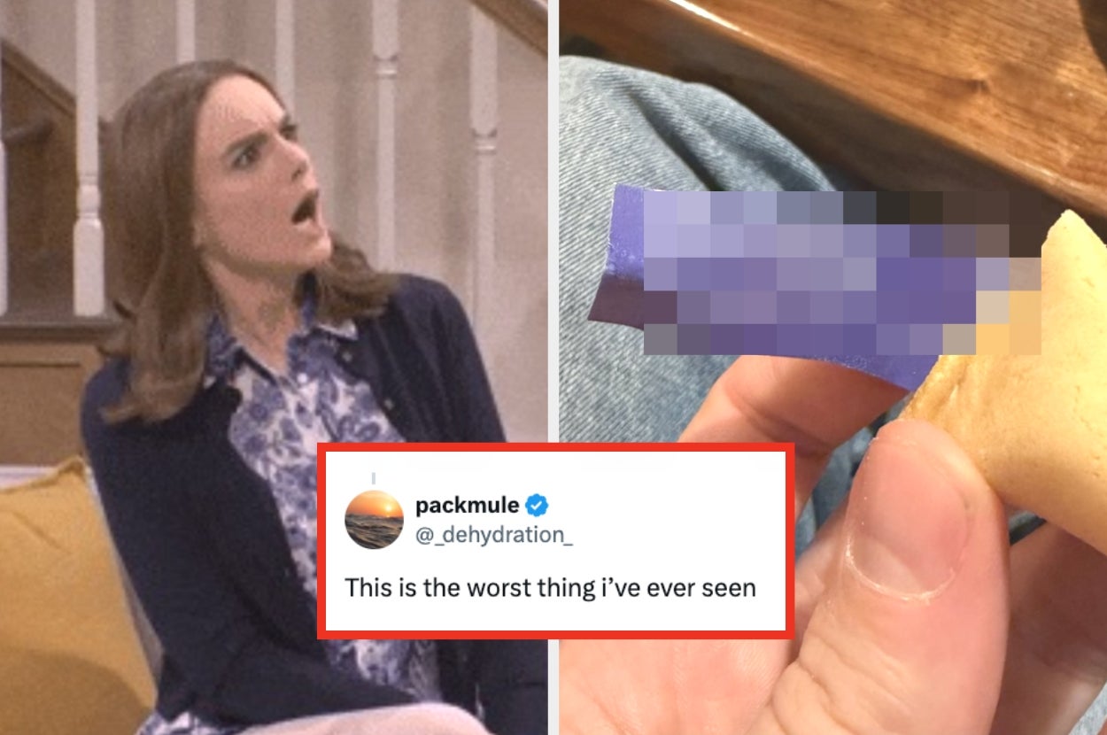 A surprised woman and a blurred fortune cookie message. Tweet reads: "This is the worst thing I’ve ever seen."