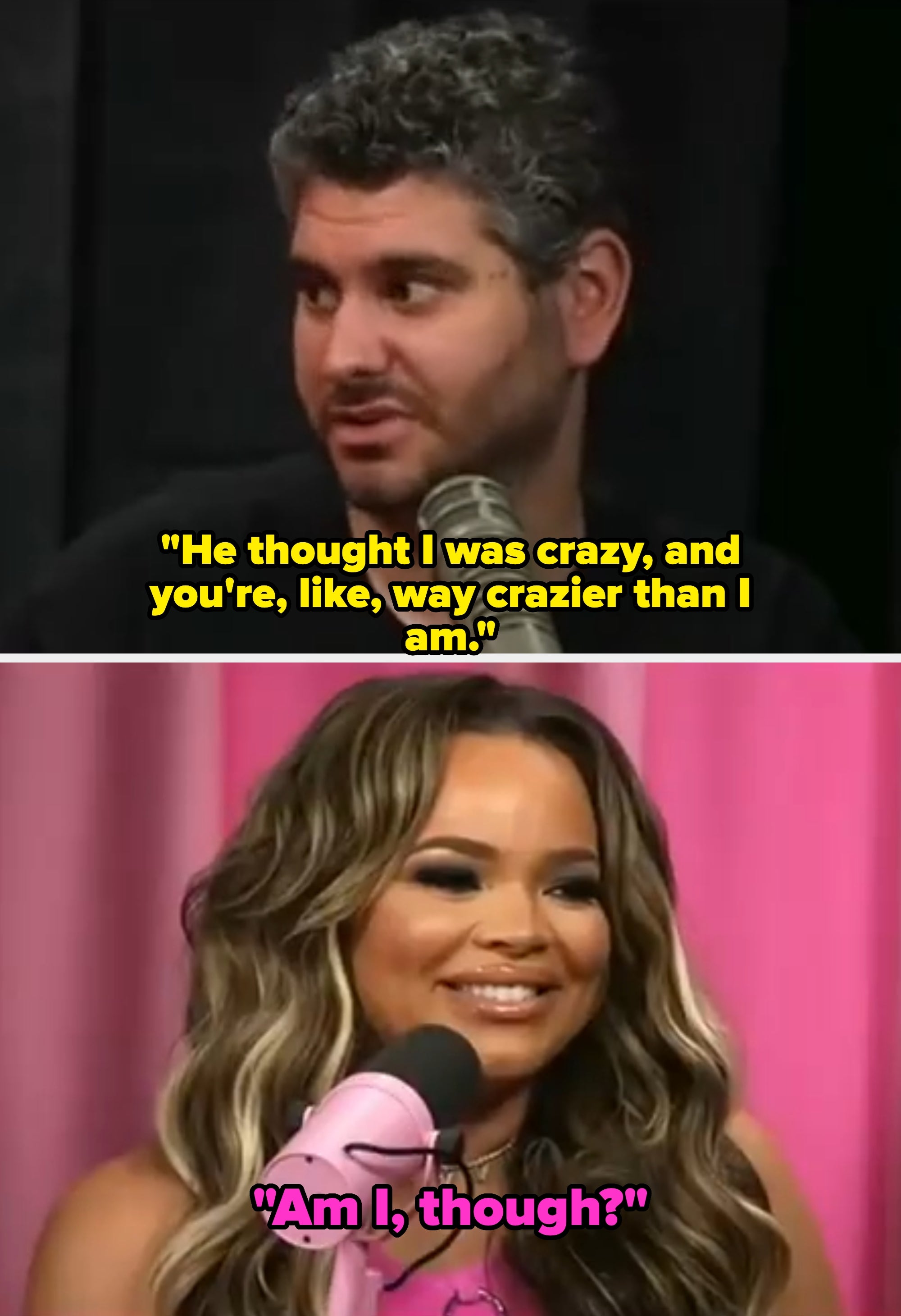 Panels of Trisha Paytas speaking with Ethan Klein on a podcast