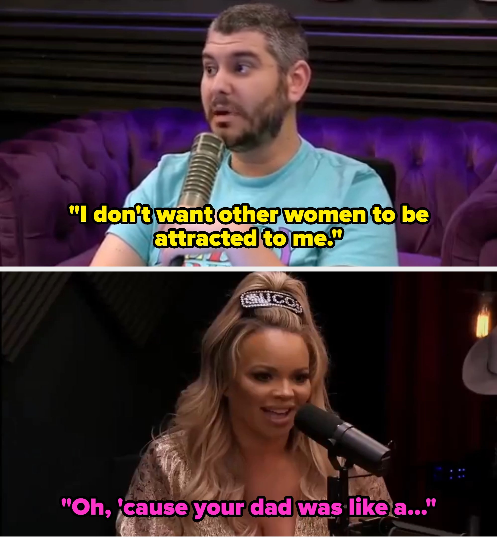 Trisha Paytas and Ethan Klein people speaking into microphones on a podcast.