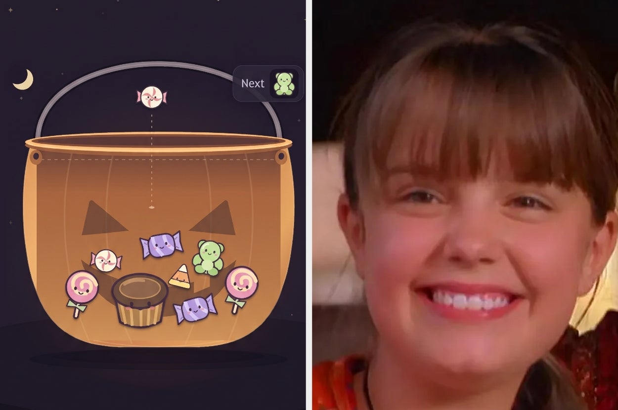 Image split: Left side shows a digital basket catching candy in a game; right side has a person smiling brightly