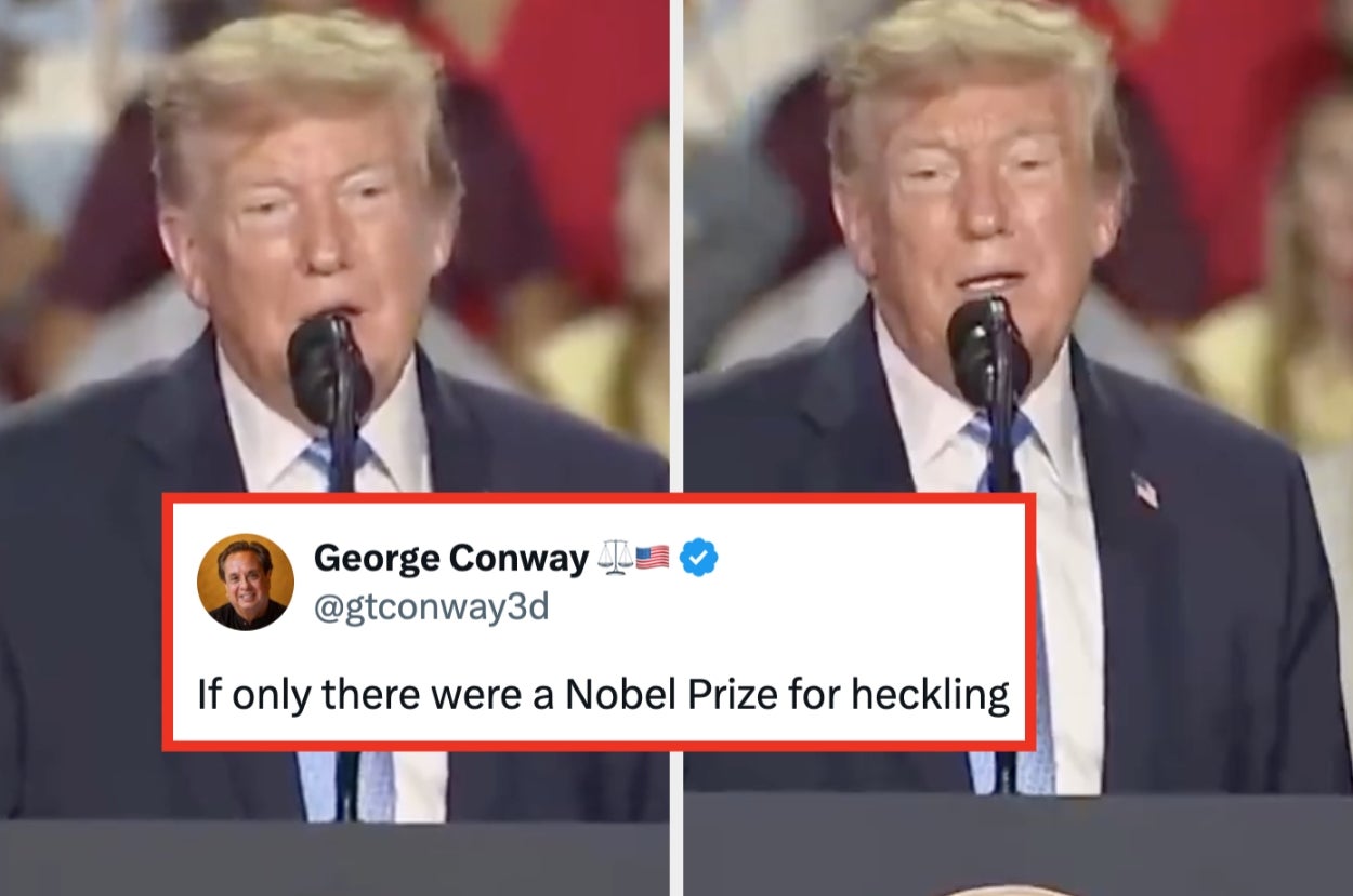 Two images of a man speaking at a podium, with a tweet overlayed: "If only there were a Nobel Prize for heckling."