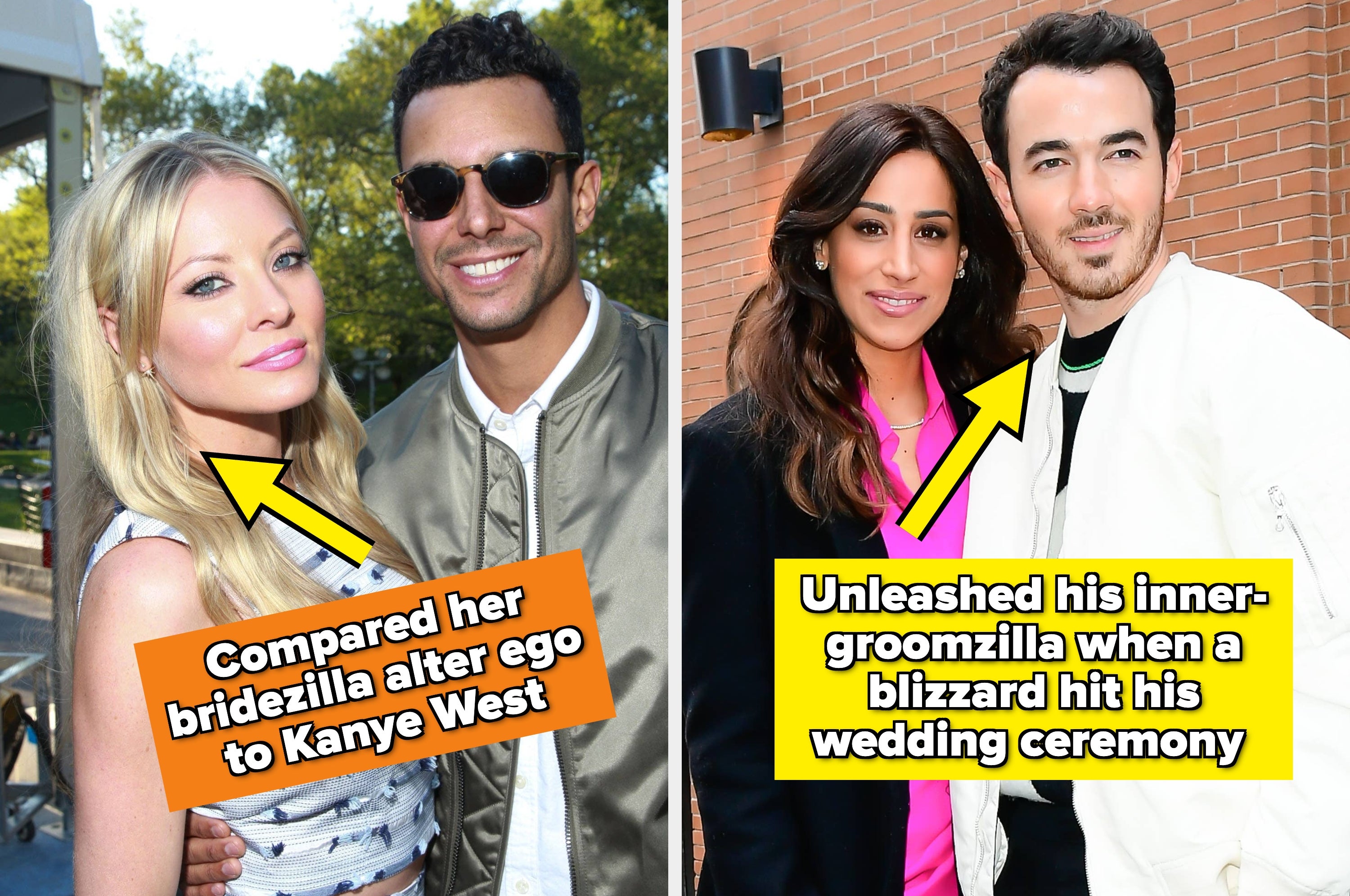 Left image: Kaitlin Doubleday and Devin Lucien pose at an outdoor event. Right image: Danielle Jonas and Kevin Jonas pose in front of a brick wall. The captions reveal details about Doubleday and Kevin's bride and groomzilla behaviors