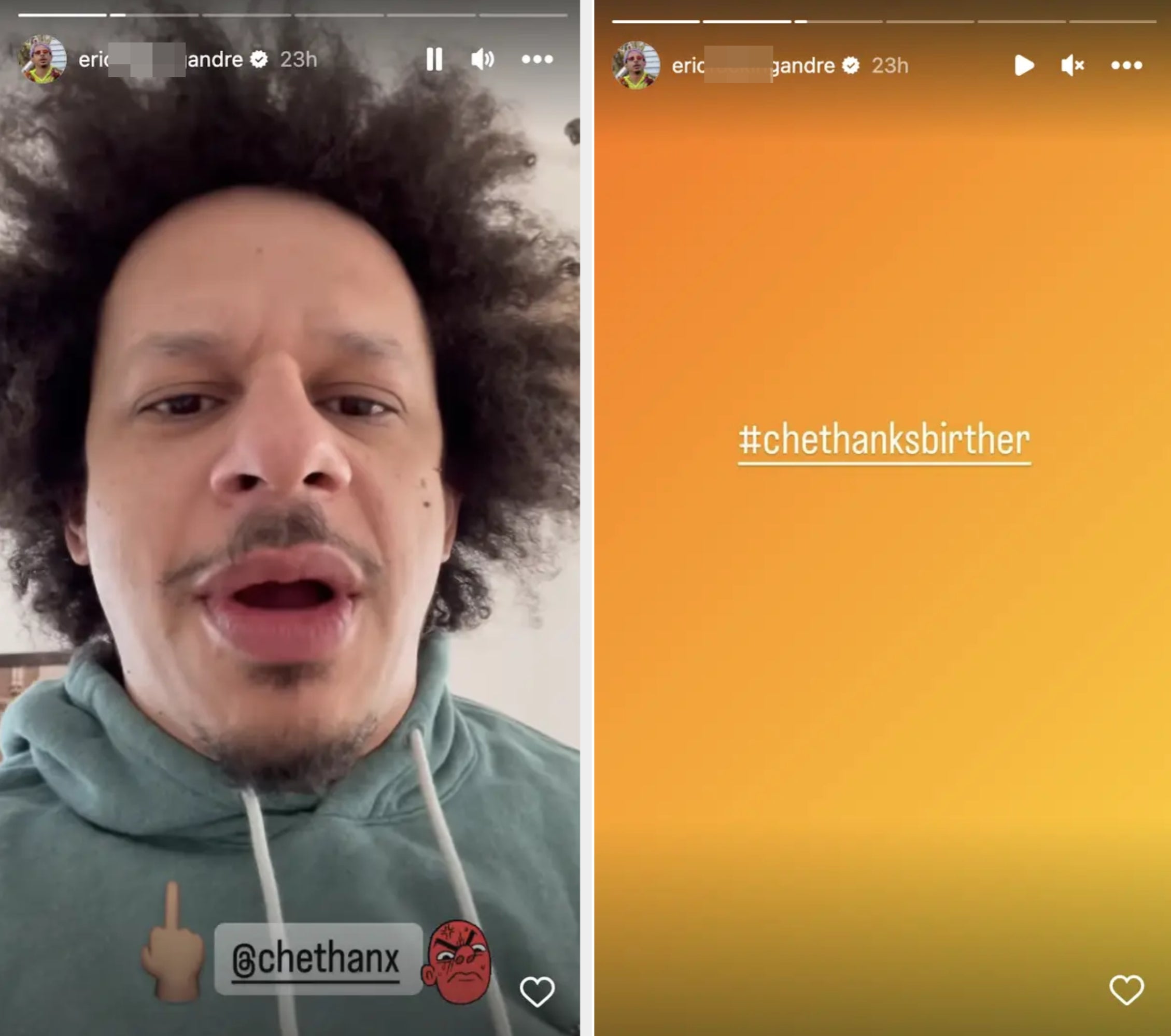 Eric Andre speaking in selfie video with overlay text "@chethankx" and emoji. Next slide shows plain background with text "#chethanksbirther"