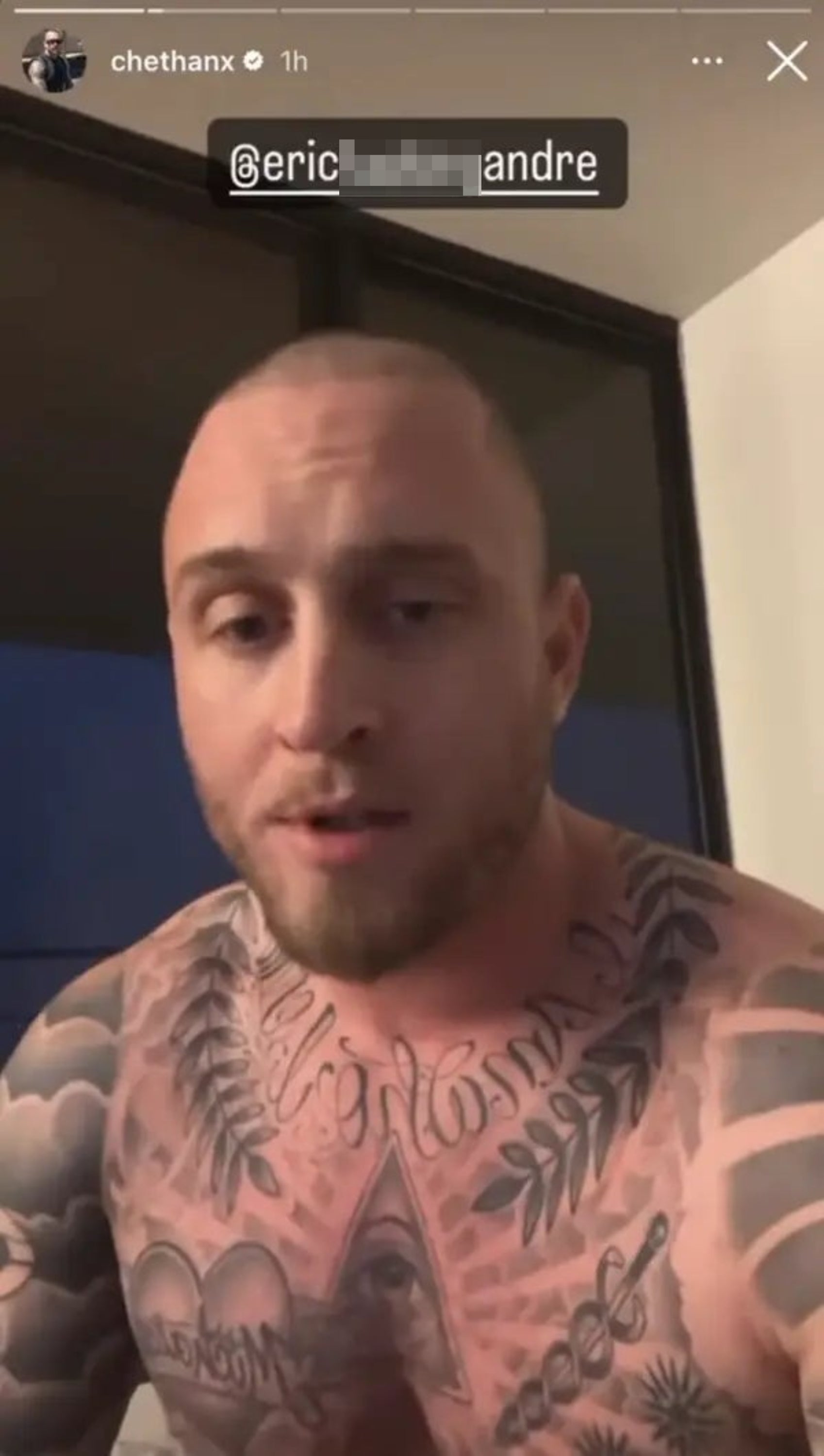 Chet Hanks with extensive chest tattoos, including a large eye, looking into the camera. Instagram username labeled above