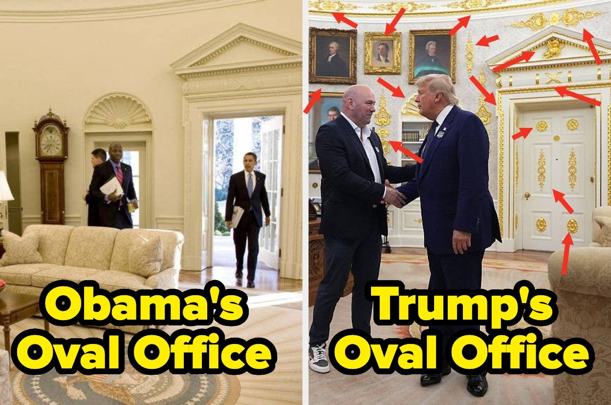 Split image compares Obama's minimalist Oval Office decor with Trump's featuring numerous gold-framed portraits