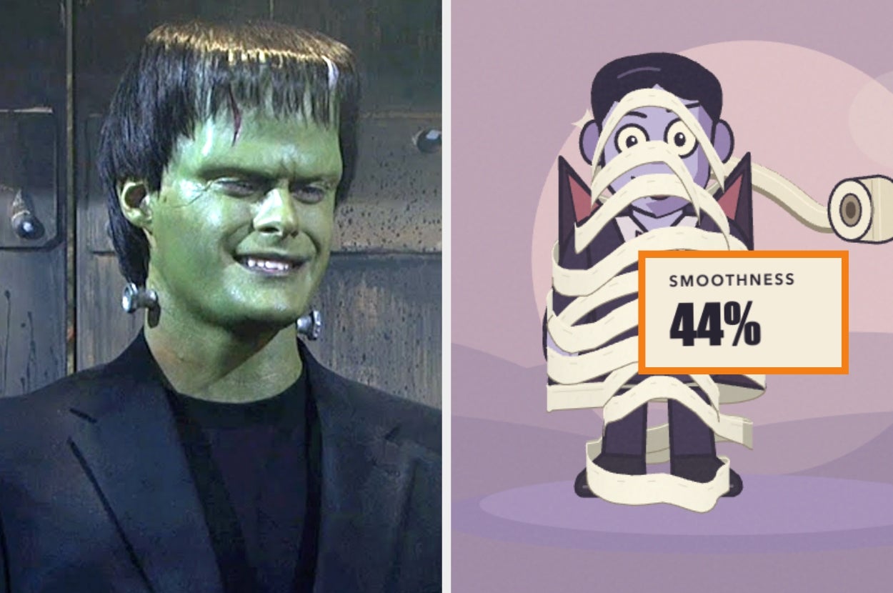 Person in Frankenstein costume next to illustration of character wrapped in toilet paper with “Smoothness 44%” text