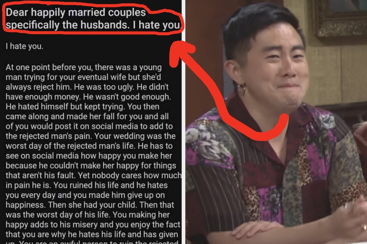 A person sits with a humorous expression. Text reads: "Dear happily married couples specifically the husbands. I hate you."
