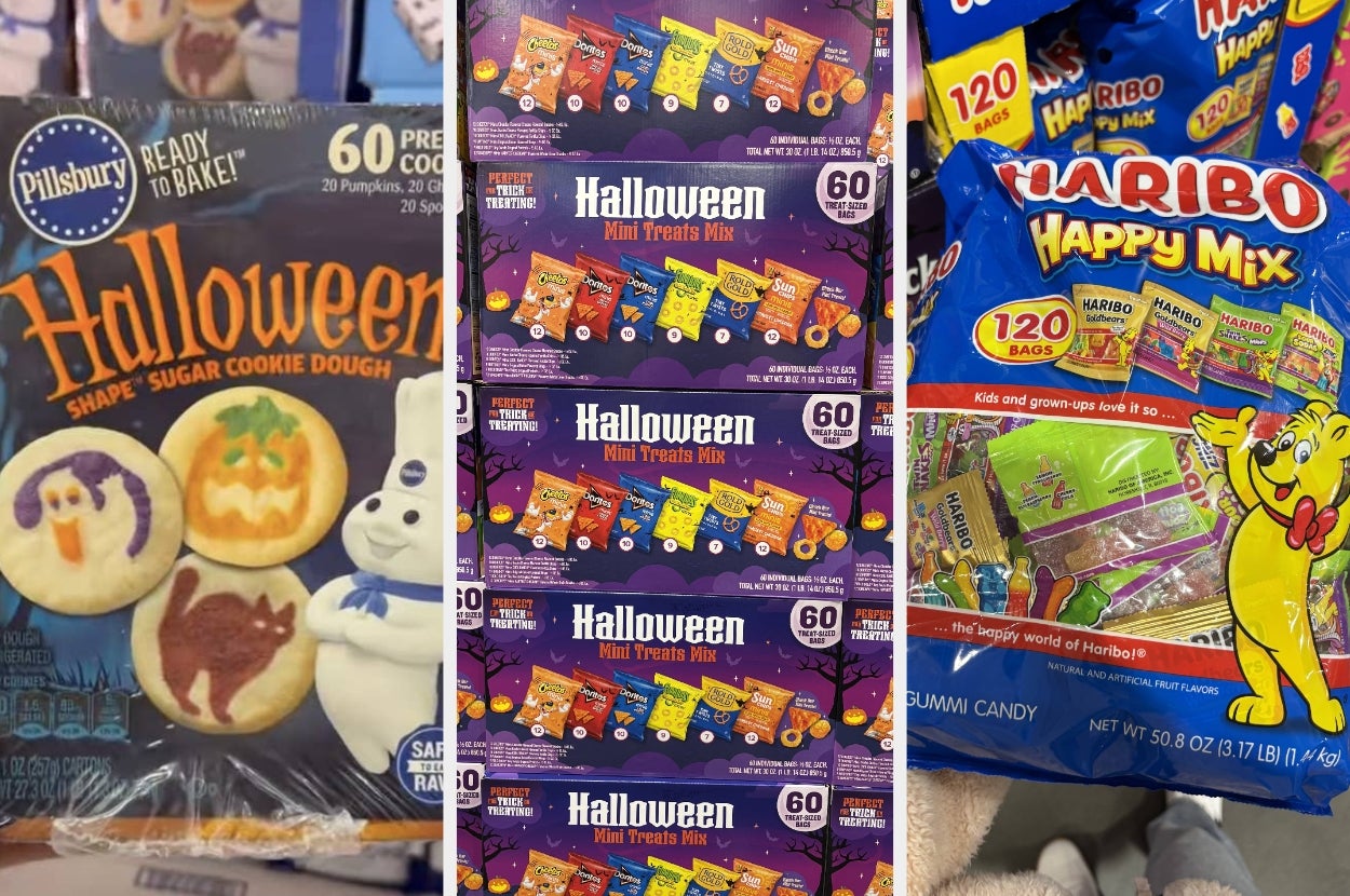 Halloween-themed cookie dough and candy variety packs on display, including Pillsbury cookies and Haribo gummies