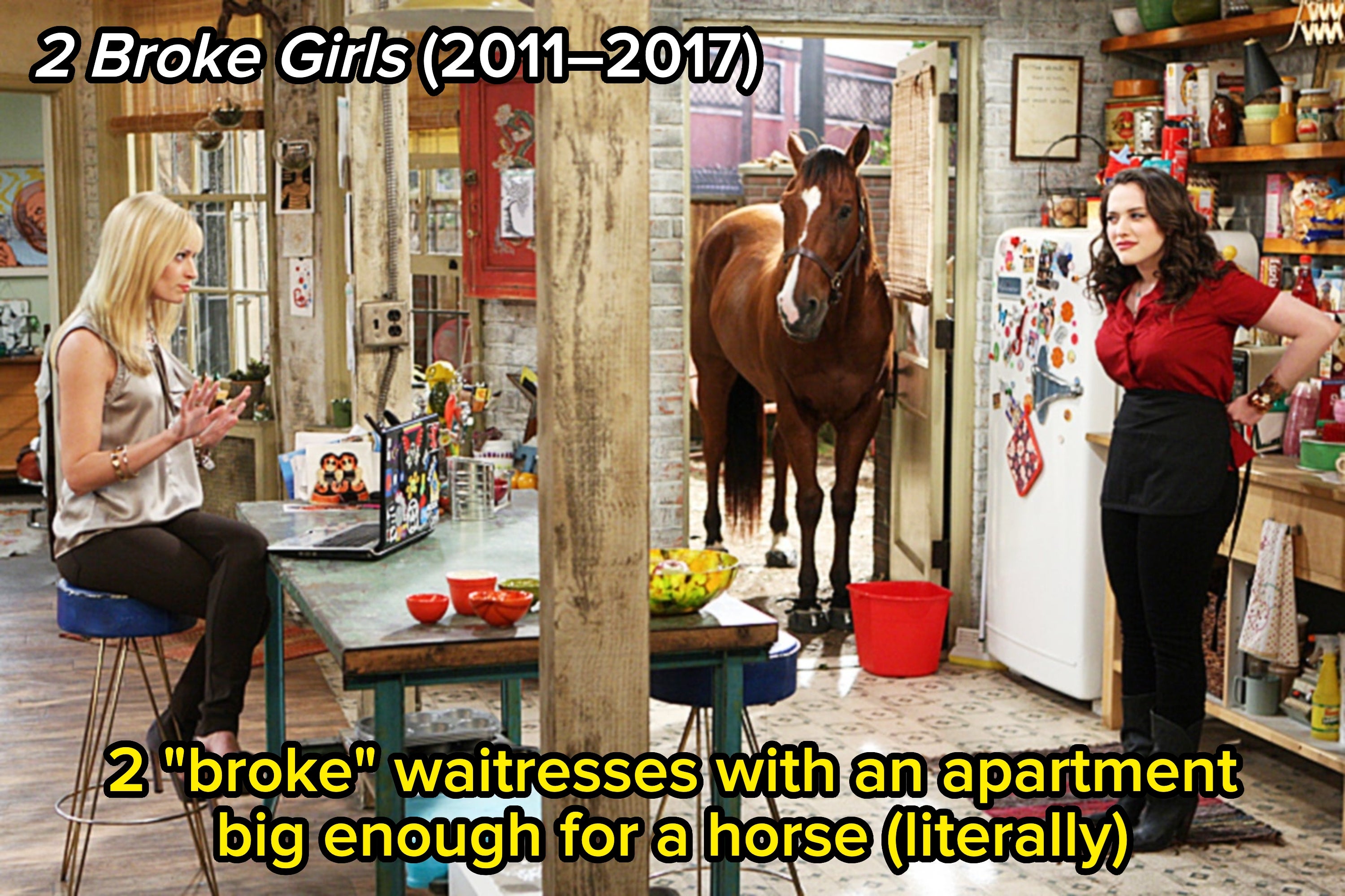 Scene from 2 Broke Girls where Beth Behrs and Kat Dennings stand in their apartment as a horse enters with the caption "2 'broke' waitresses with an apartment big enough for a horse (literally)"