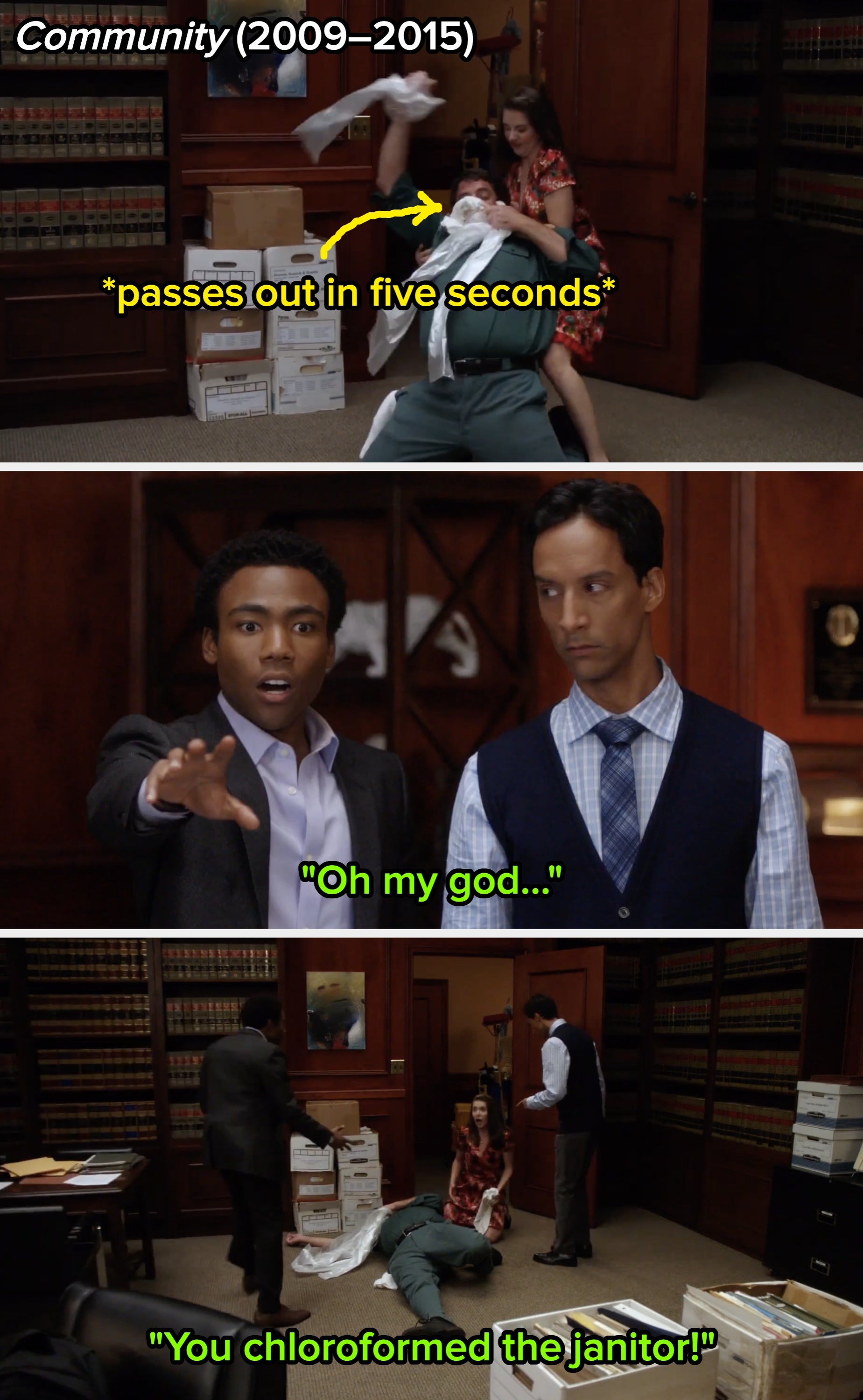 Scene from Community where characters react in shock as Alison Brie accidentally chloroforms a janitor