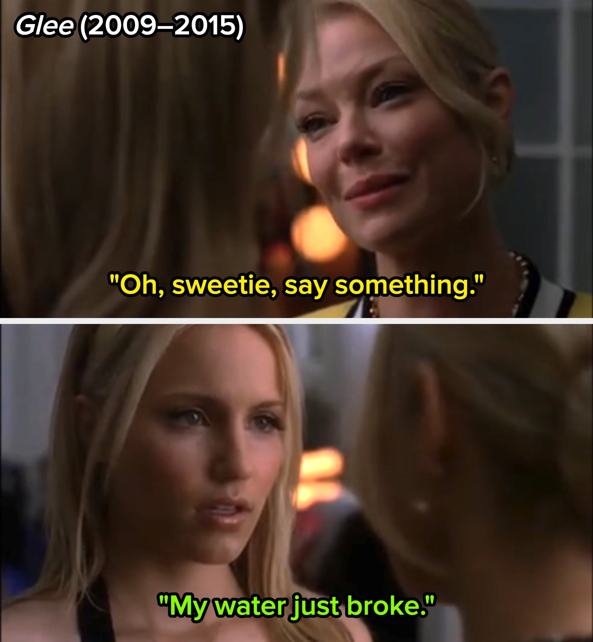 Dramatic scene from Glee where Dianna Agron's character tells her mom that her water just broke