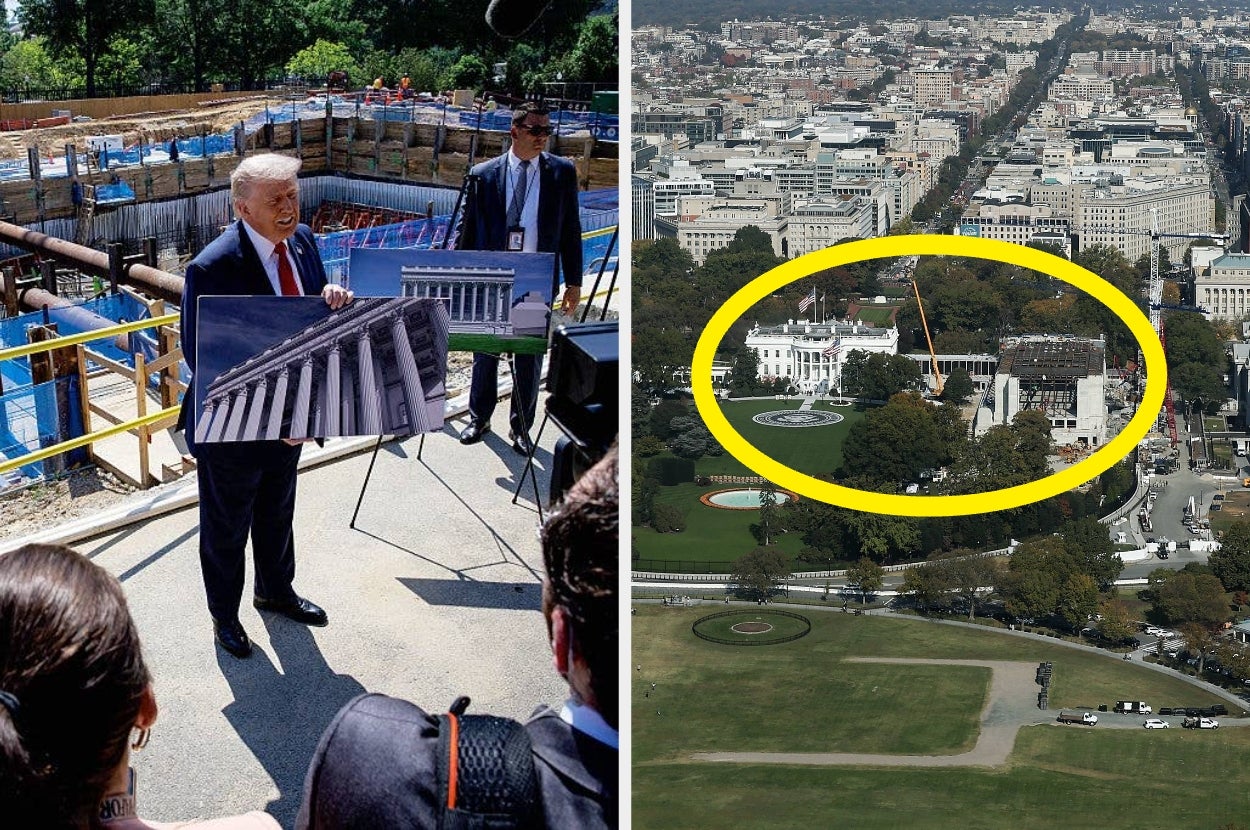 Left: Person holding images of a construction project. Right: Aerial view of the White House with an area circled