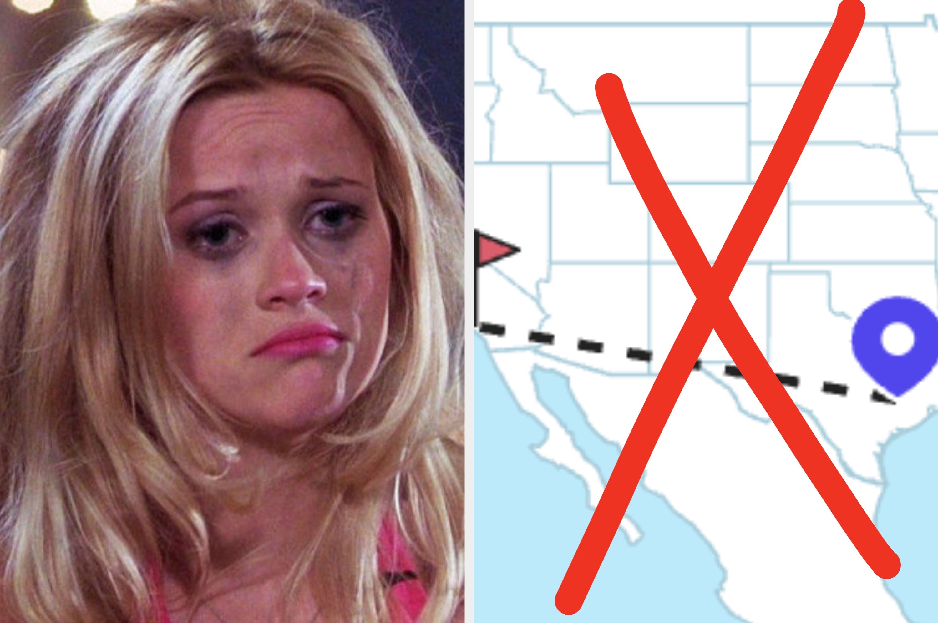 A distressed person next to a U.S. map with a red X over it, indicating a boundary or restriction