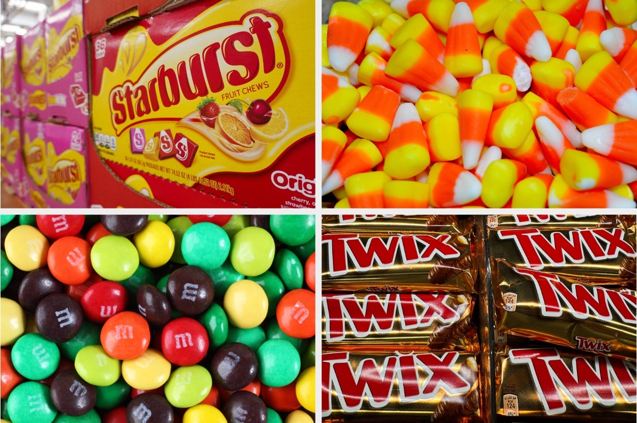 Split image of Starburst boxes, candy corn, M&M's, and Twix bars