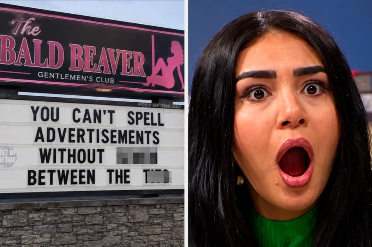 A shocked woman reacting to a sign outside a club that humorously says, "You can't spell advertisements without 'TITS' between the 'A' and 'S.'"