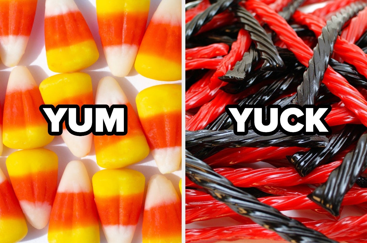 Split image of candy corn and licorice, text overlay: YUM / YUCK
