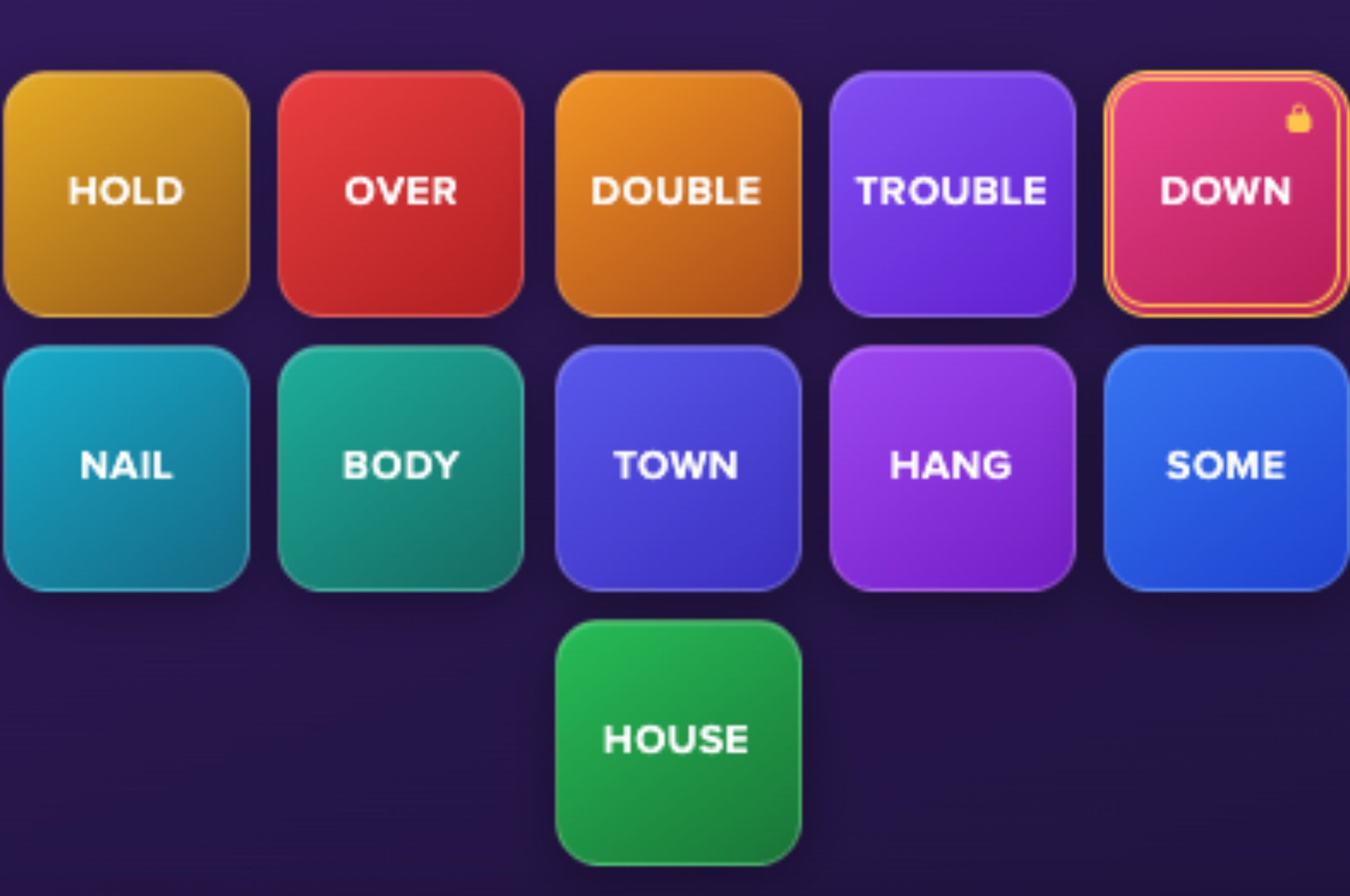 A person looks surprised next to a game screen showing colorful tiles with words: Birth, School, Stone, Child, each with numbers