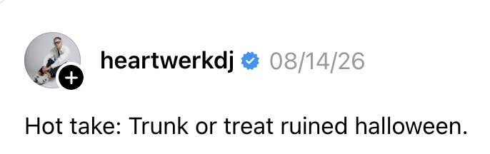 Instagram post by heartwerkdj expressing the opinion that "trunk or treat" events have negatively impacted Halloween