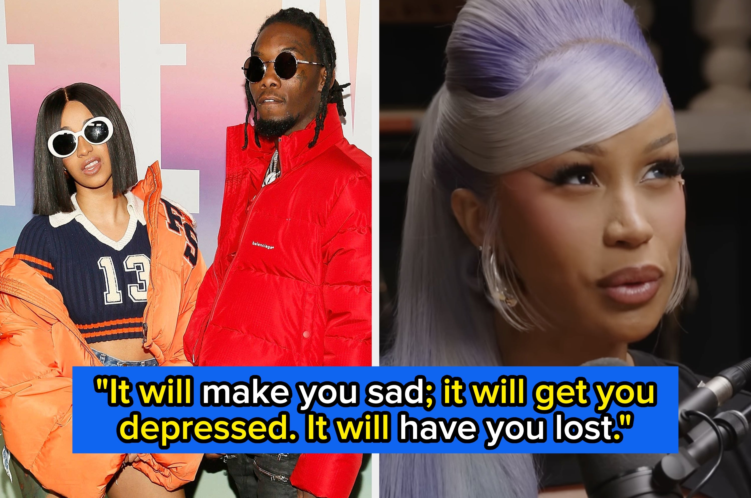 Two images: Left, Cardi B in sporty outfit with Offset in puffer jacket. Right, Cardi B in elegant red dress with Offset in casual attire. Text: "Cardi B declared: it's finally over."