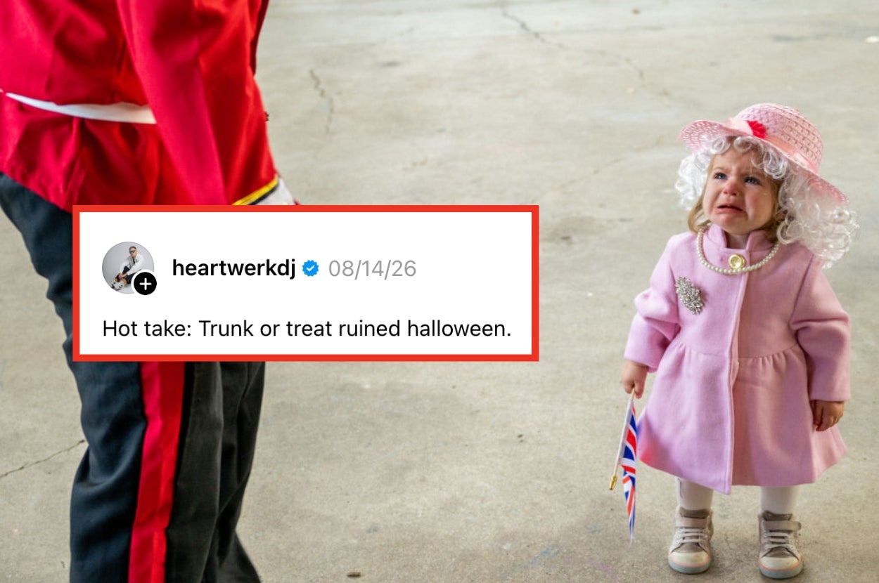 A toddler dressed as an elderly woman with a pink coat and hat stands crying. A social media post reads, "Hot take: Trunk or treat ruined Halloween."